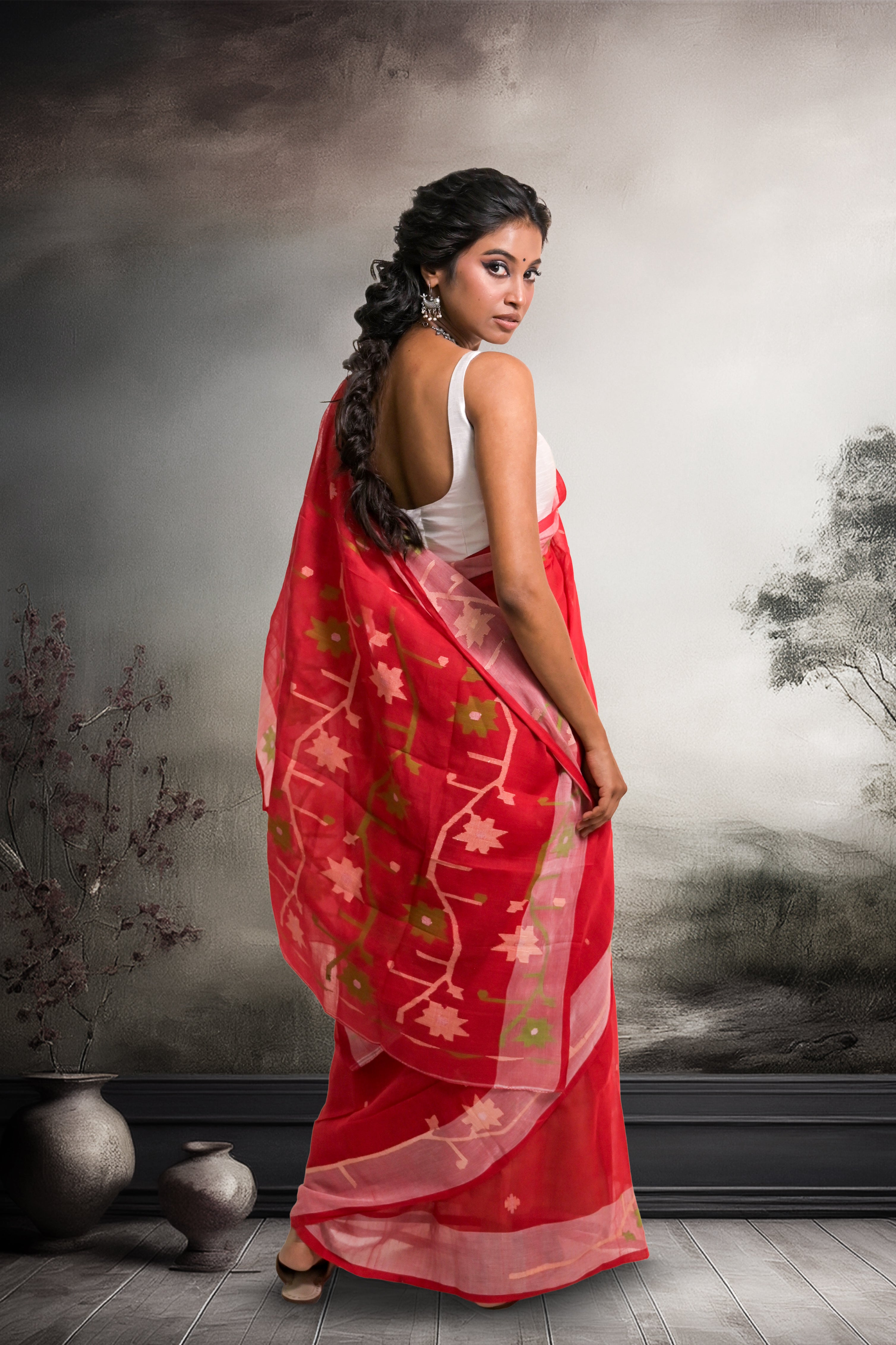 Raag Vasant I Red Cotton Jamdani Saree