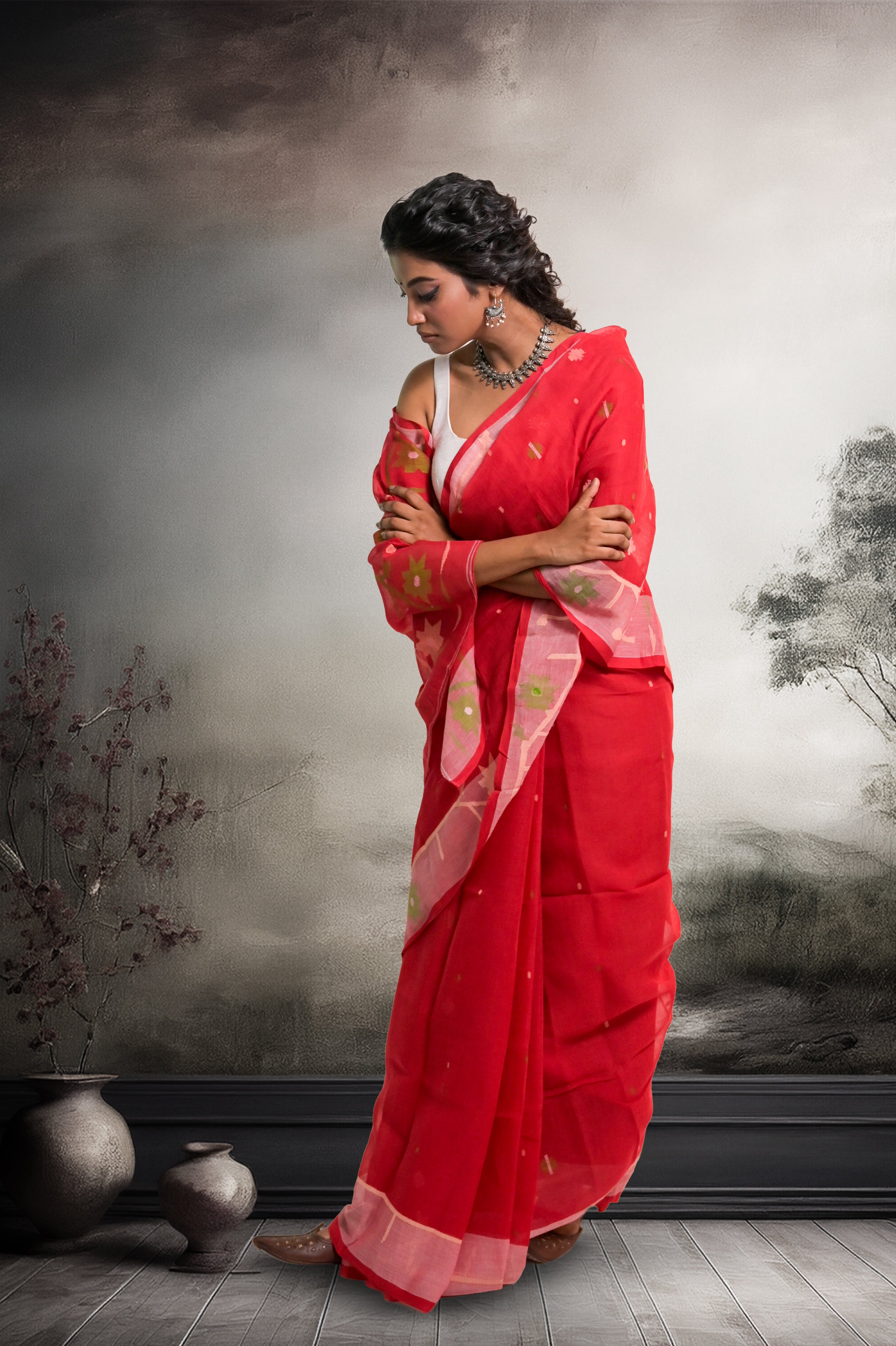 Raag Vasant I Red Cotton Jamdani Saree