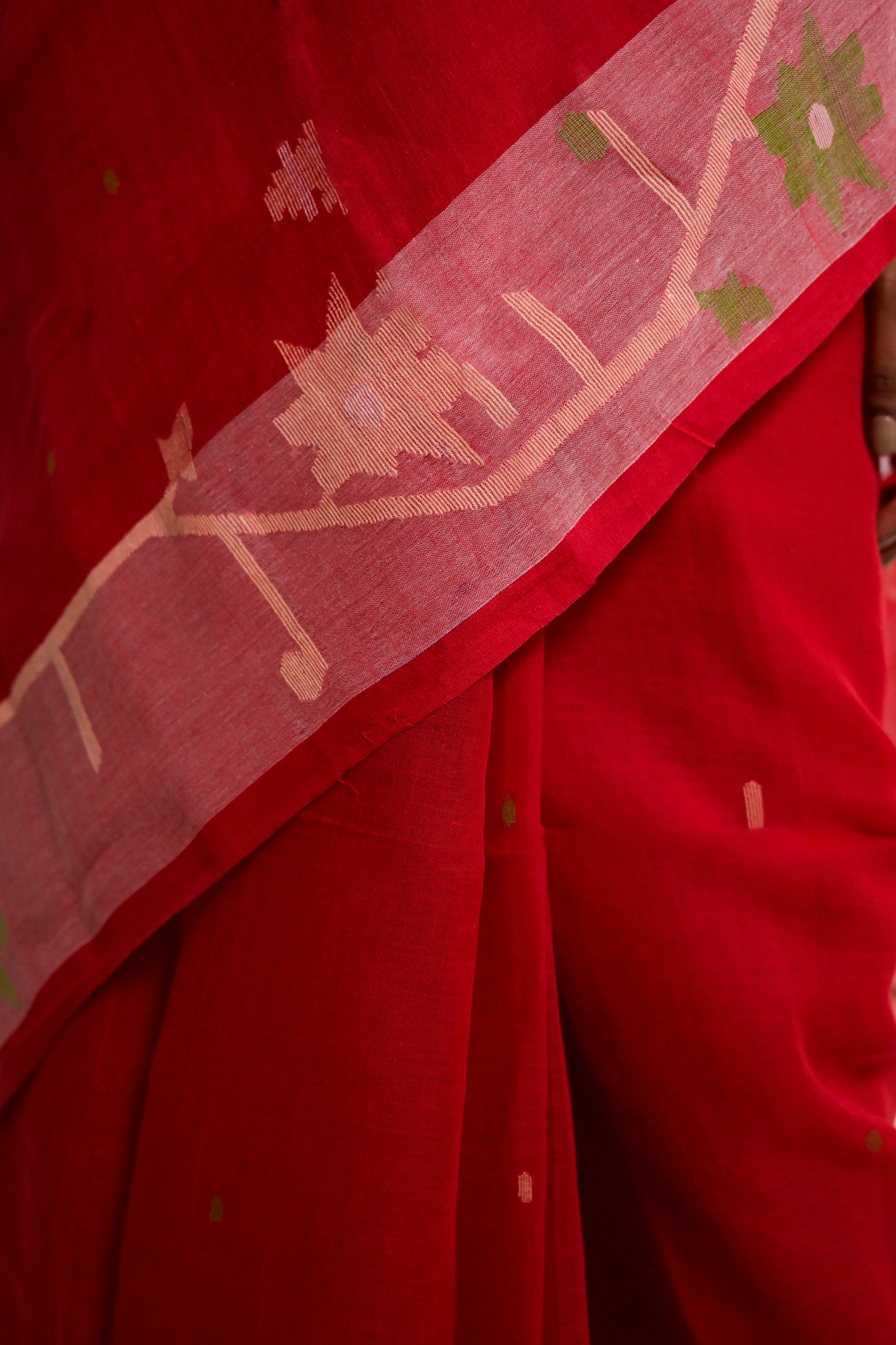 Raag Vasant I Red Cotton Jamdani Saree