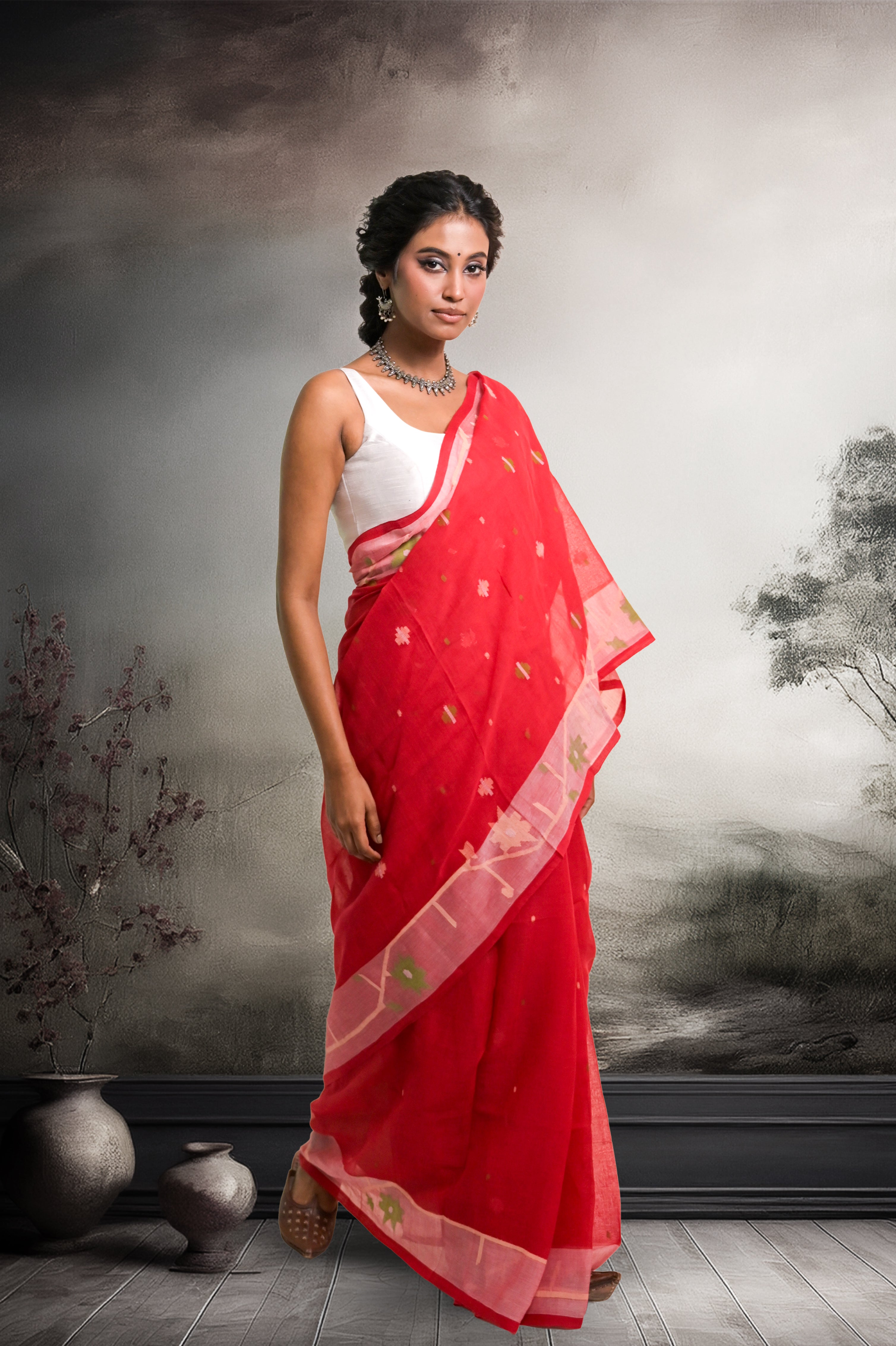 Raag Vasant I Red Cotton Jamdani Saree