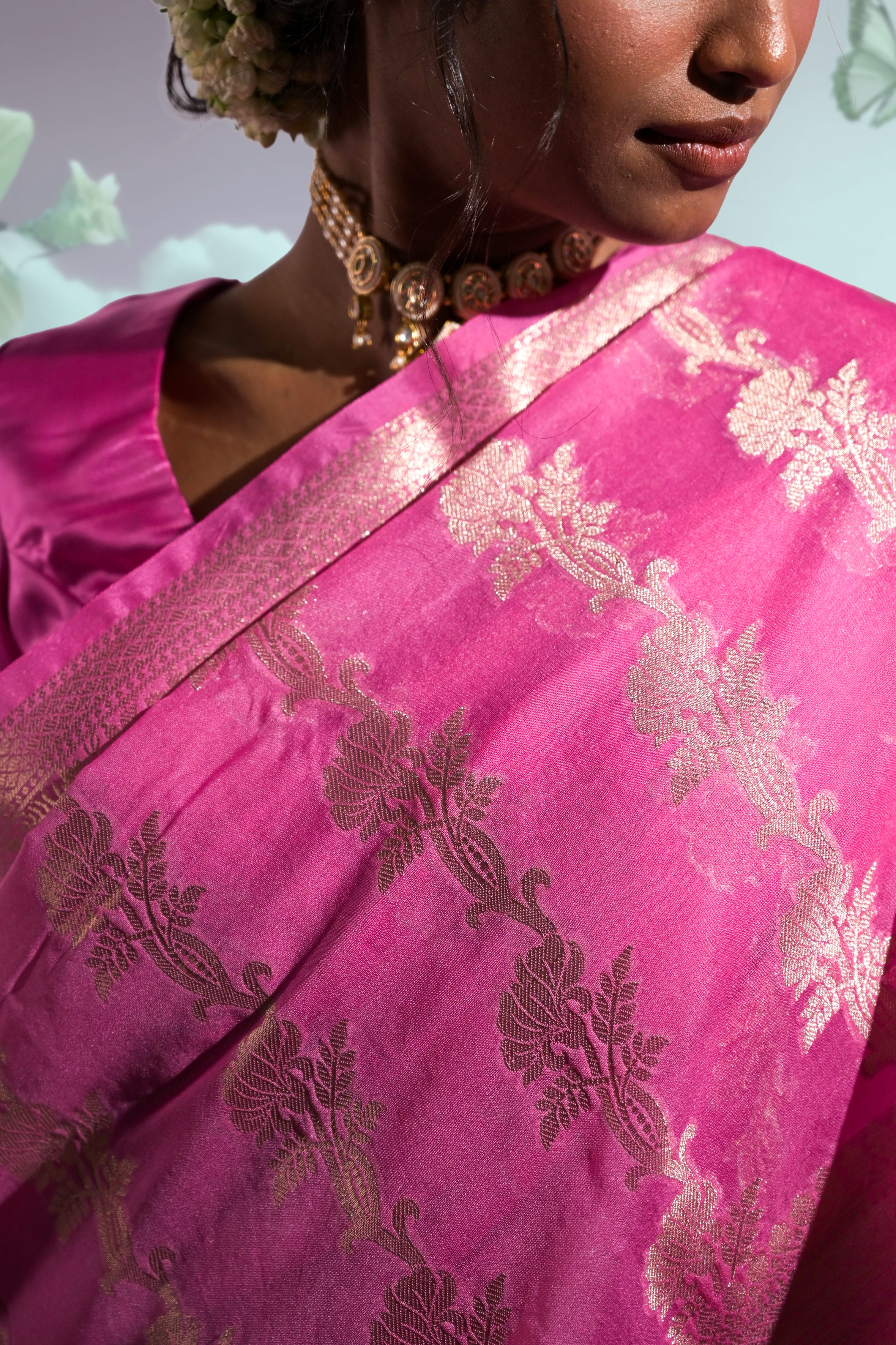 Rangrez Raag I Flamingo Pink Handloom Silk Banarasi Saree with Floral Zari Border and Floral Creepers