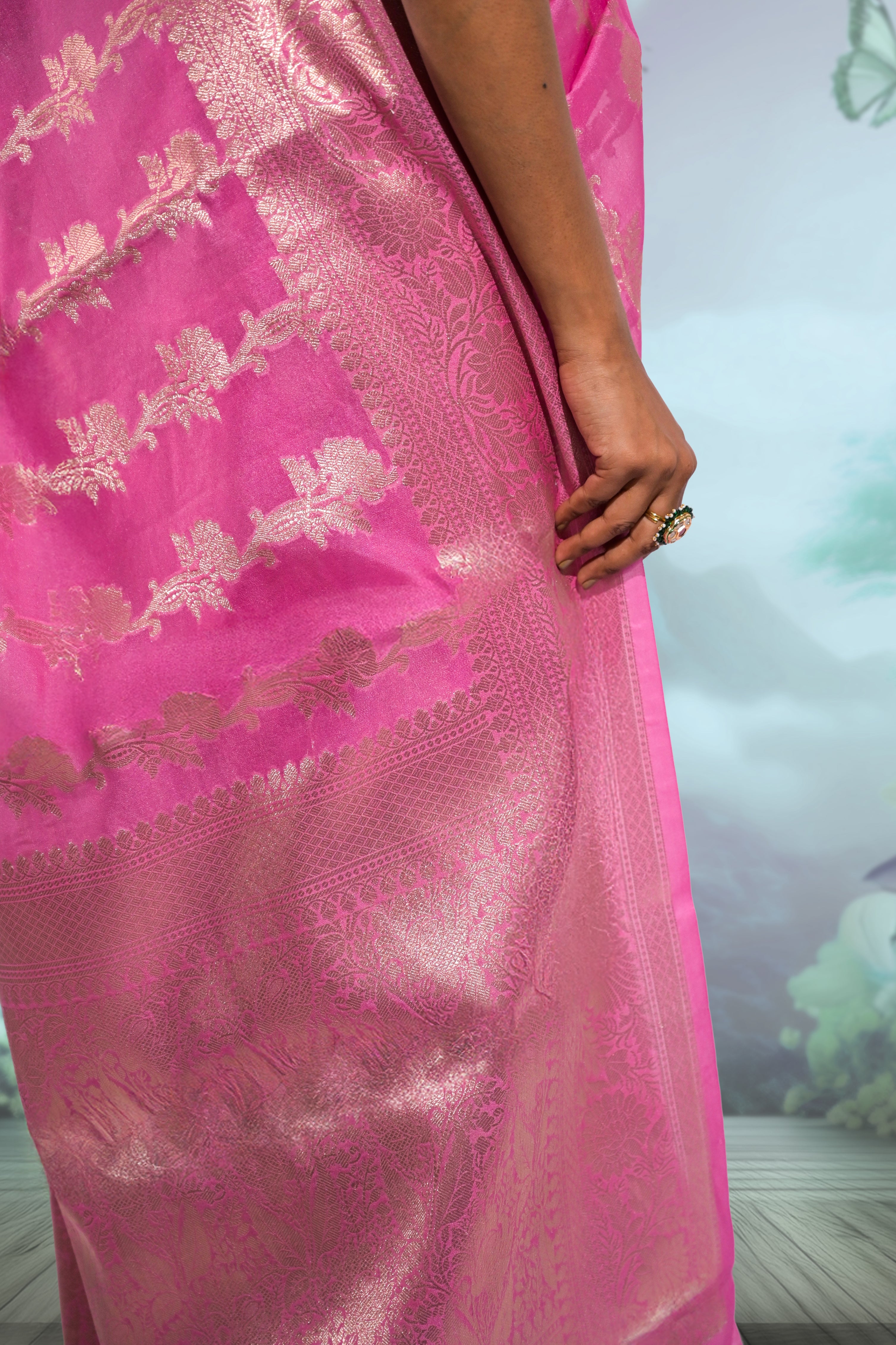 Rangrez Raag I Flamingo Pink Handloom Silk Banarasi Saree with Floral Zari Border and Floral Creepers