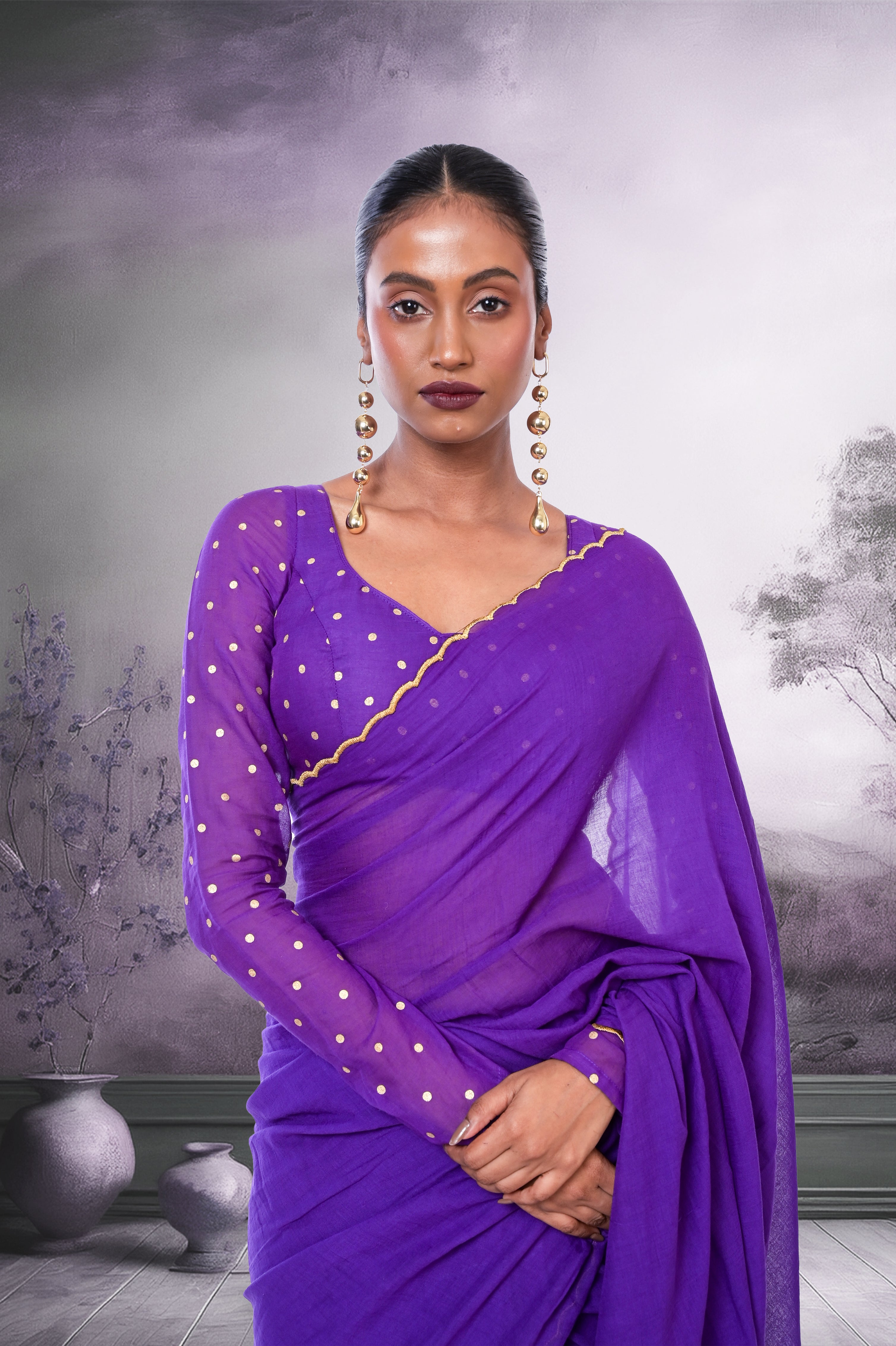 Royal Bloom I Purple  Handloom Mul Cotton Saree with Golden Scalloped Border