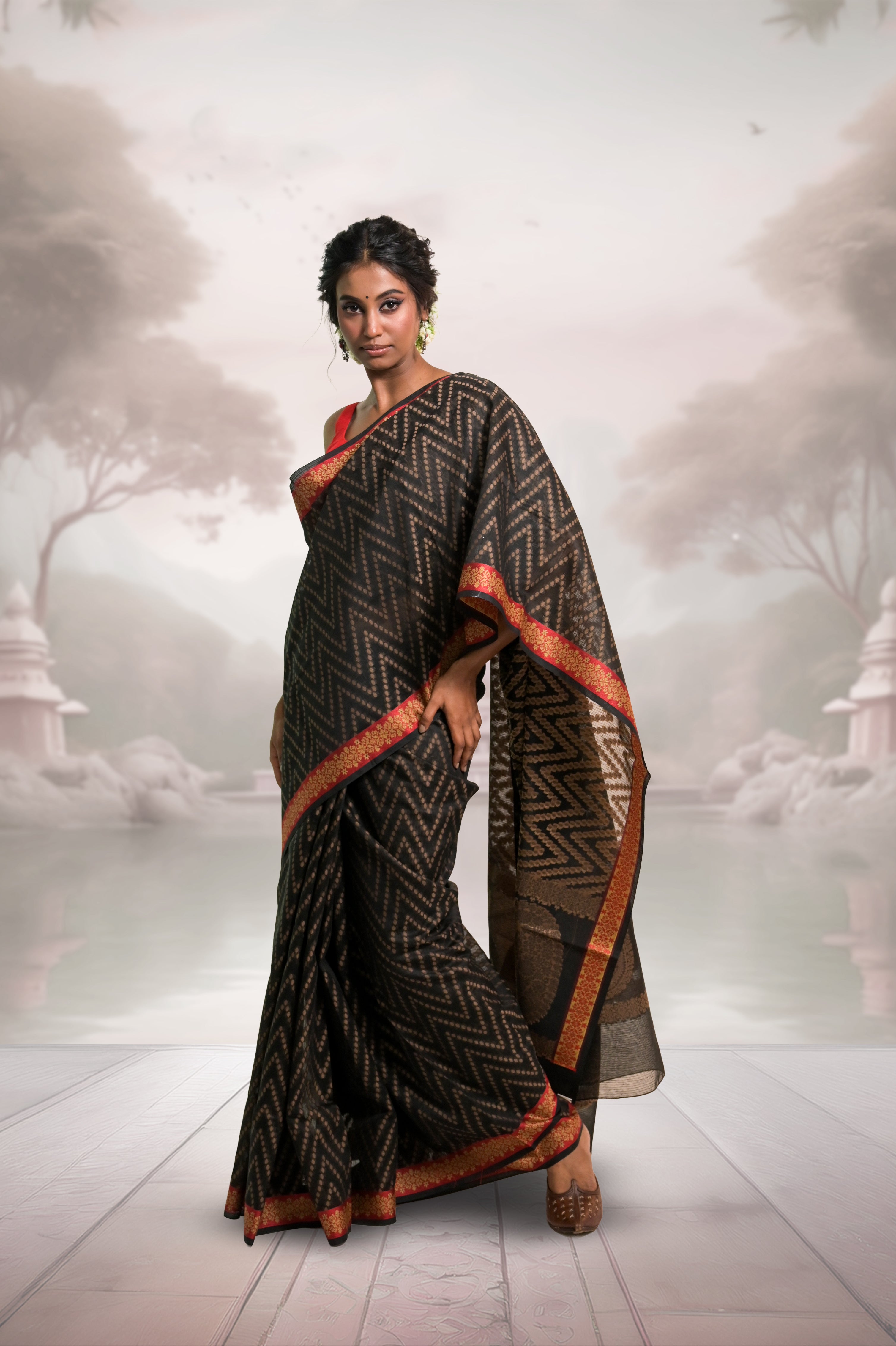 Ruchika I Black Handloom Cotton Saree with Floral Banarasi Border