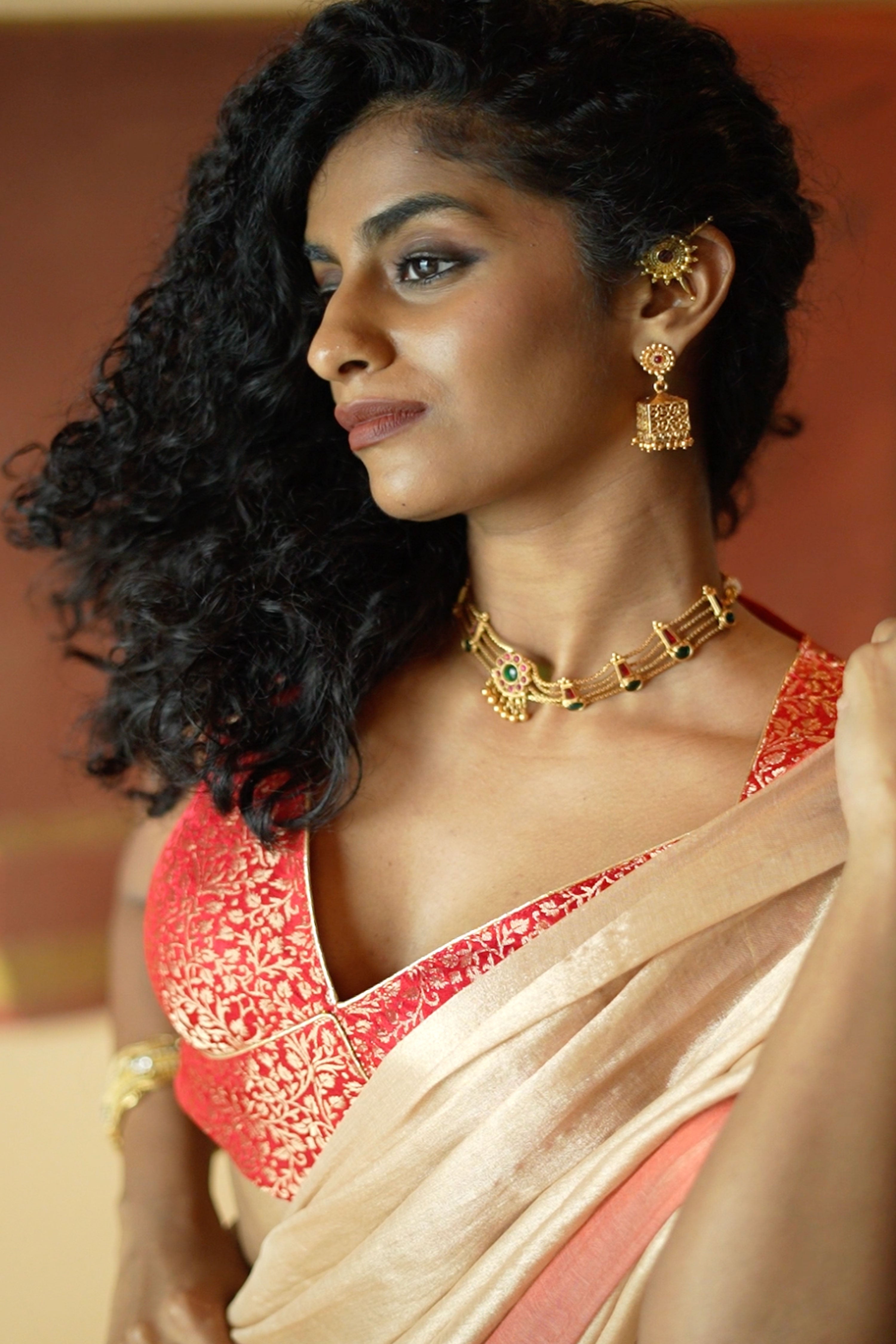 Shruti I Red brocade silk blouse with sweetheart  neck