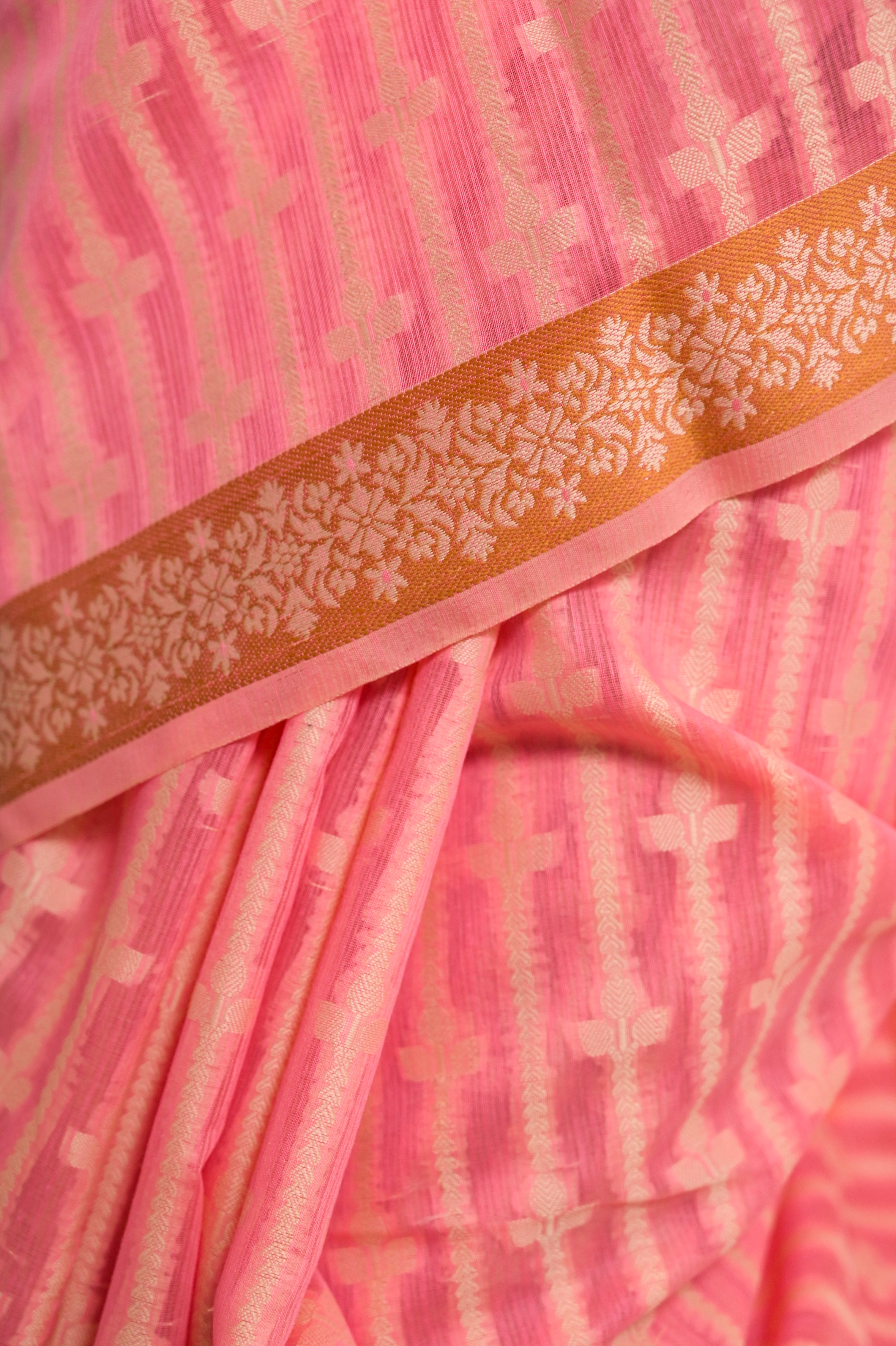 Saanvika I Pink Handloom Cotton Banarasi Saree with Floral Border and striped leave vines