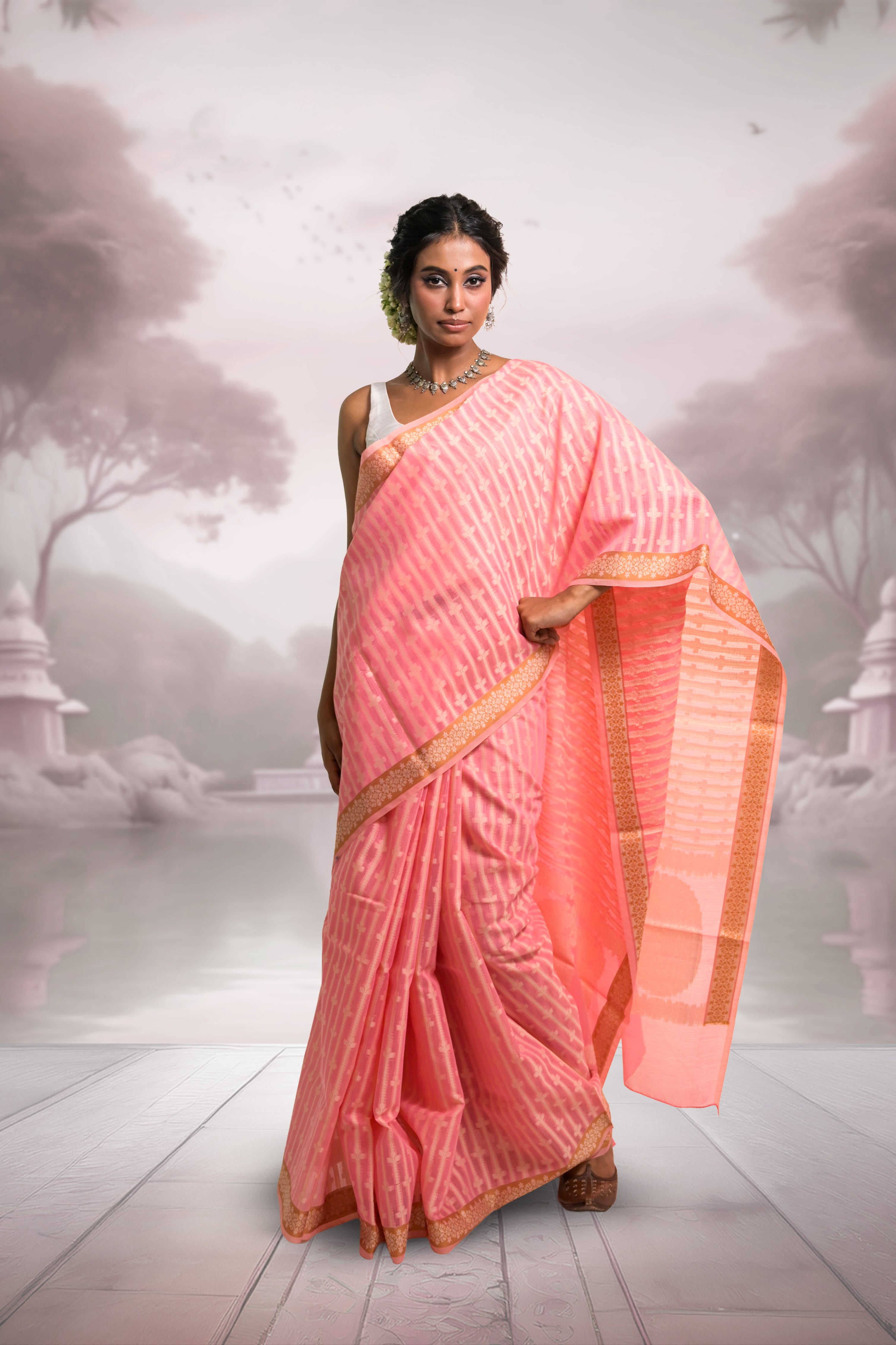Saanvika I Pink Handloom Cotton Banarasi Saree with Floral Border and striped leave vines
