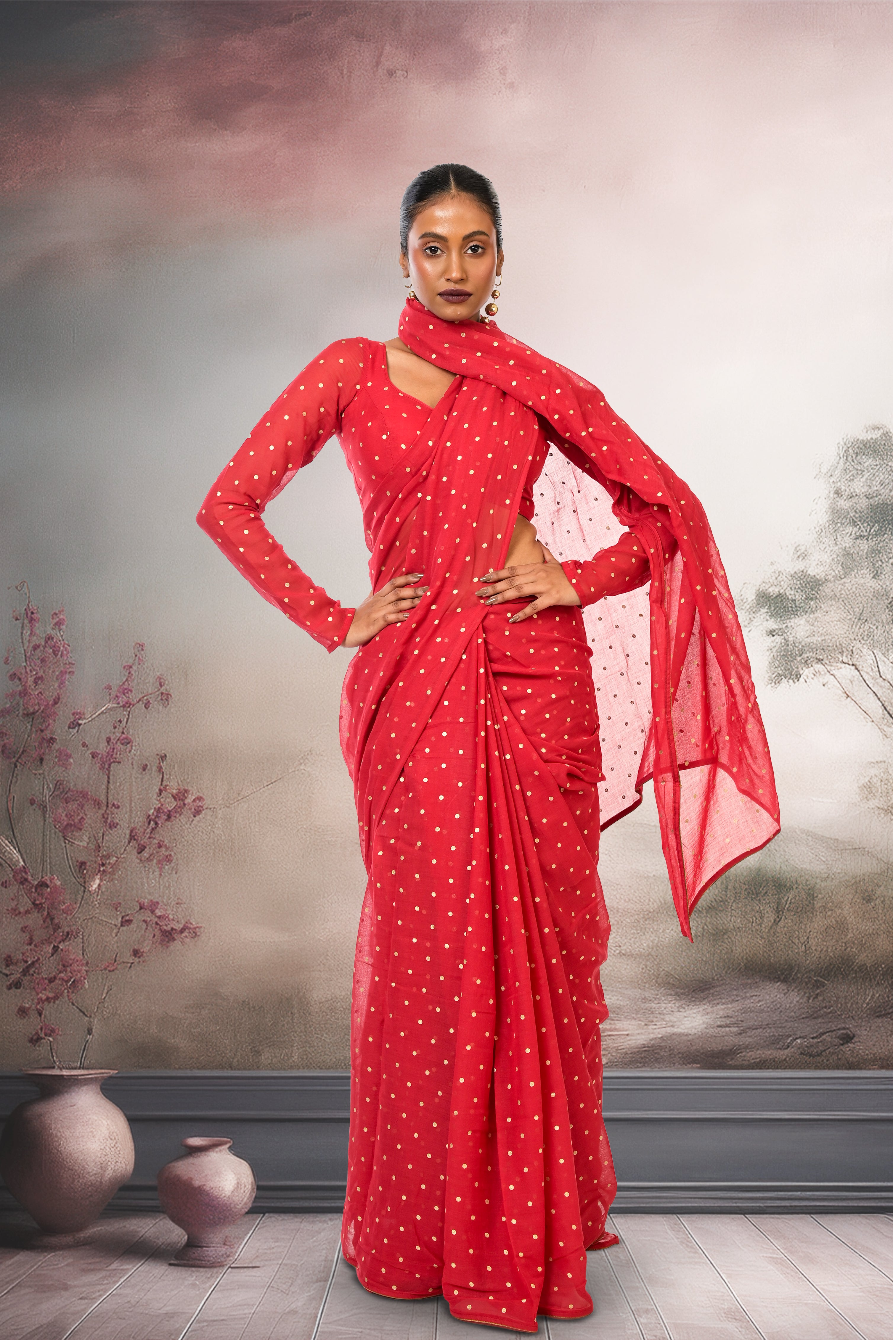 red-polka-dotted-saree