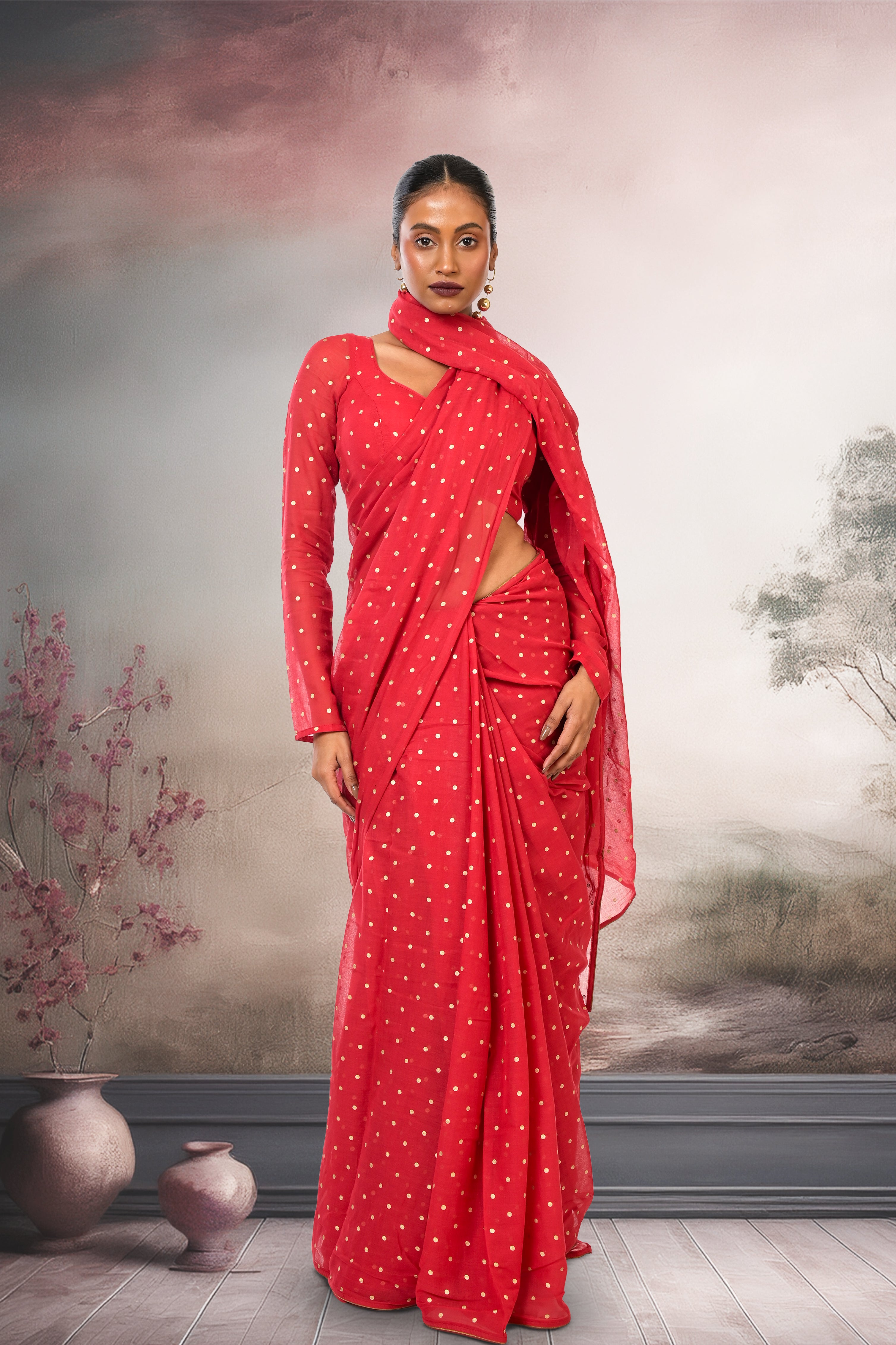 red-mul-mul-saree-with metallic-polka-dot