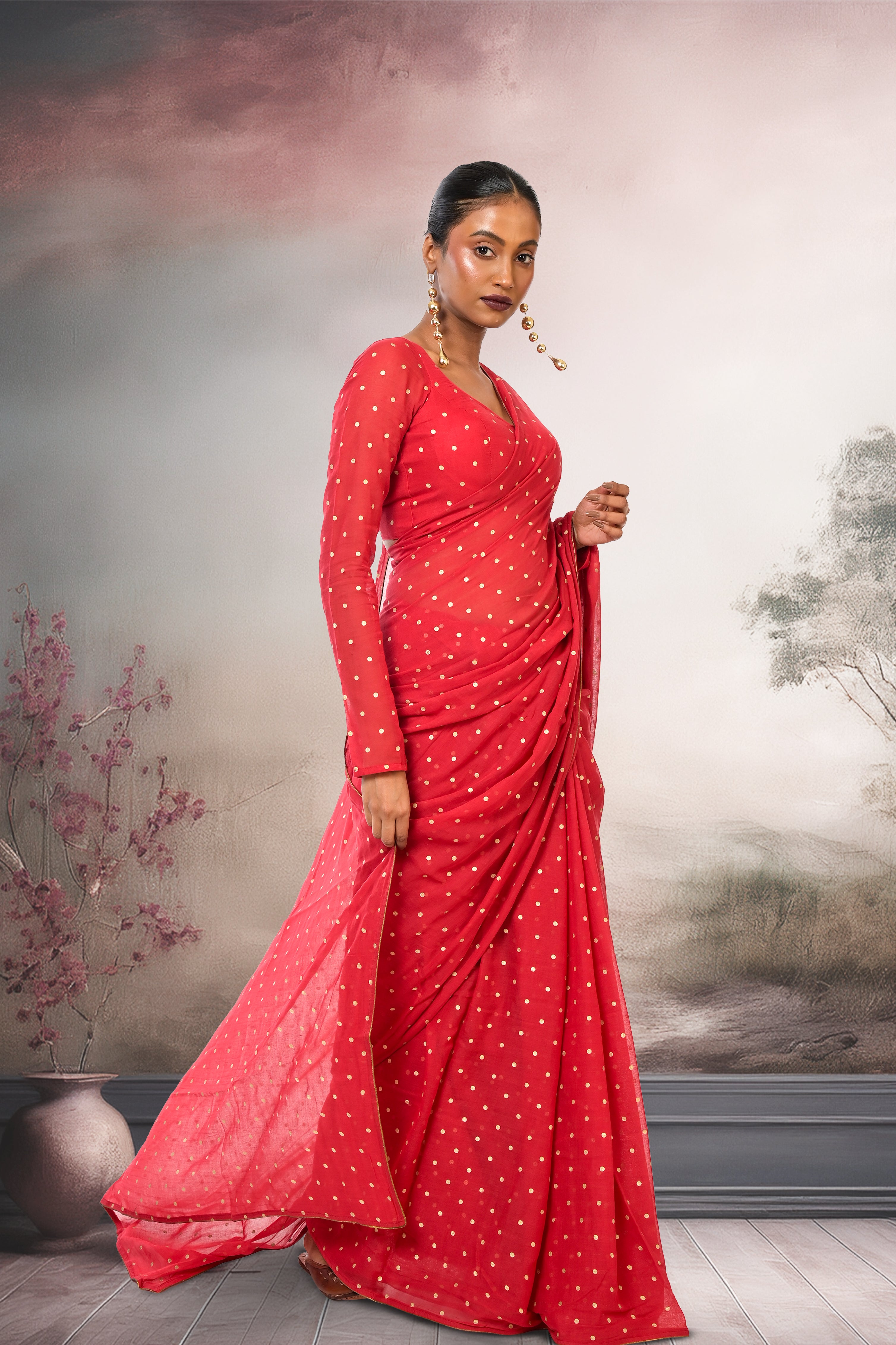 Scarlet Bloom I Red Handloom Mul Cotton Metallic Polka Dotted Saree