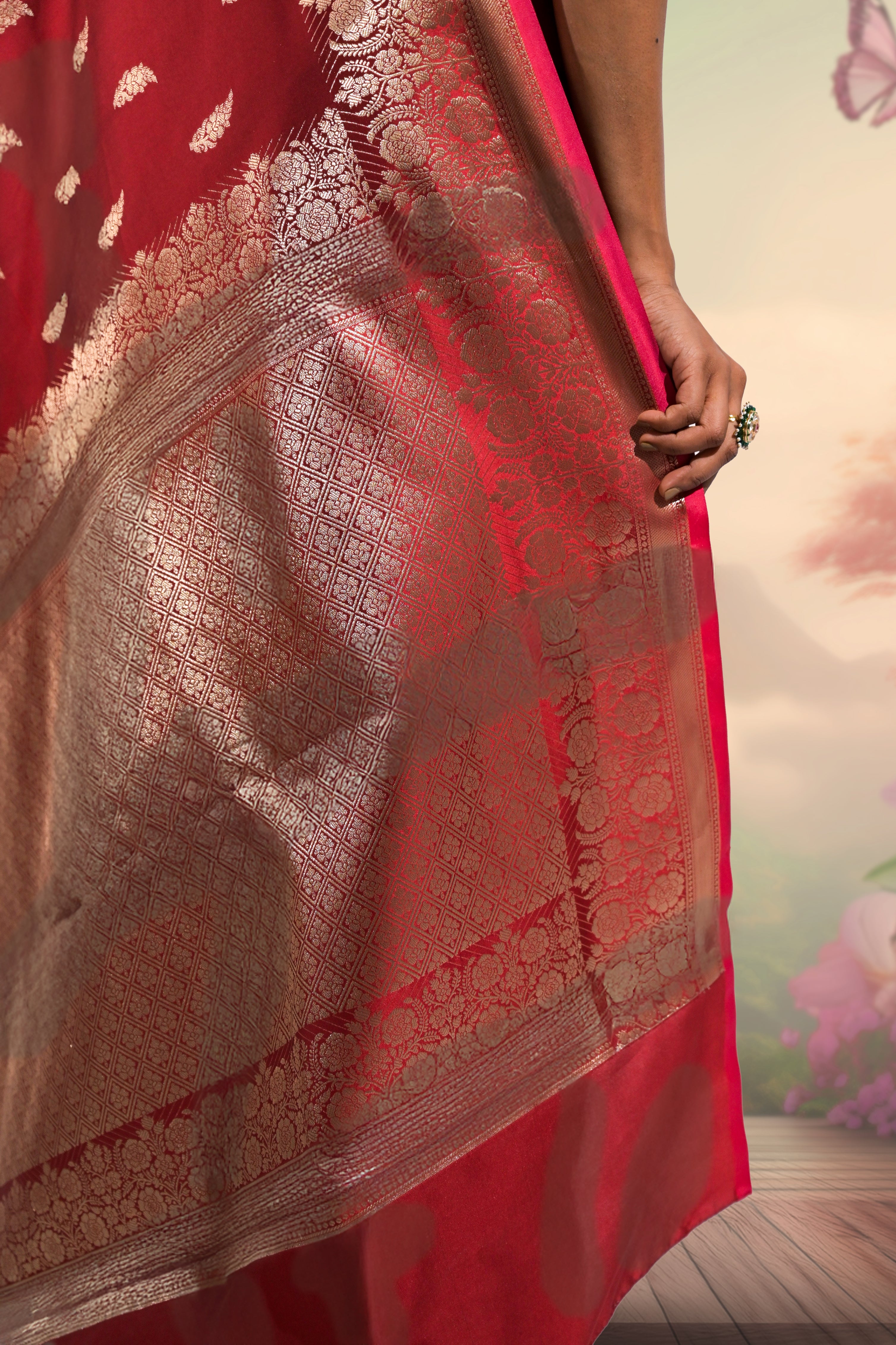 Shehnai Rang I Red Handloom Silk Banarasi Saree with floral zari border and Butis