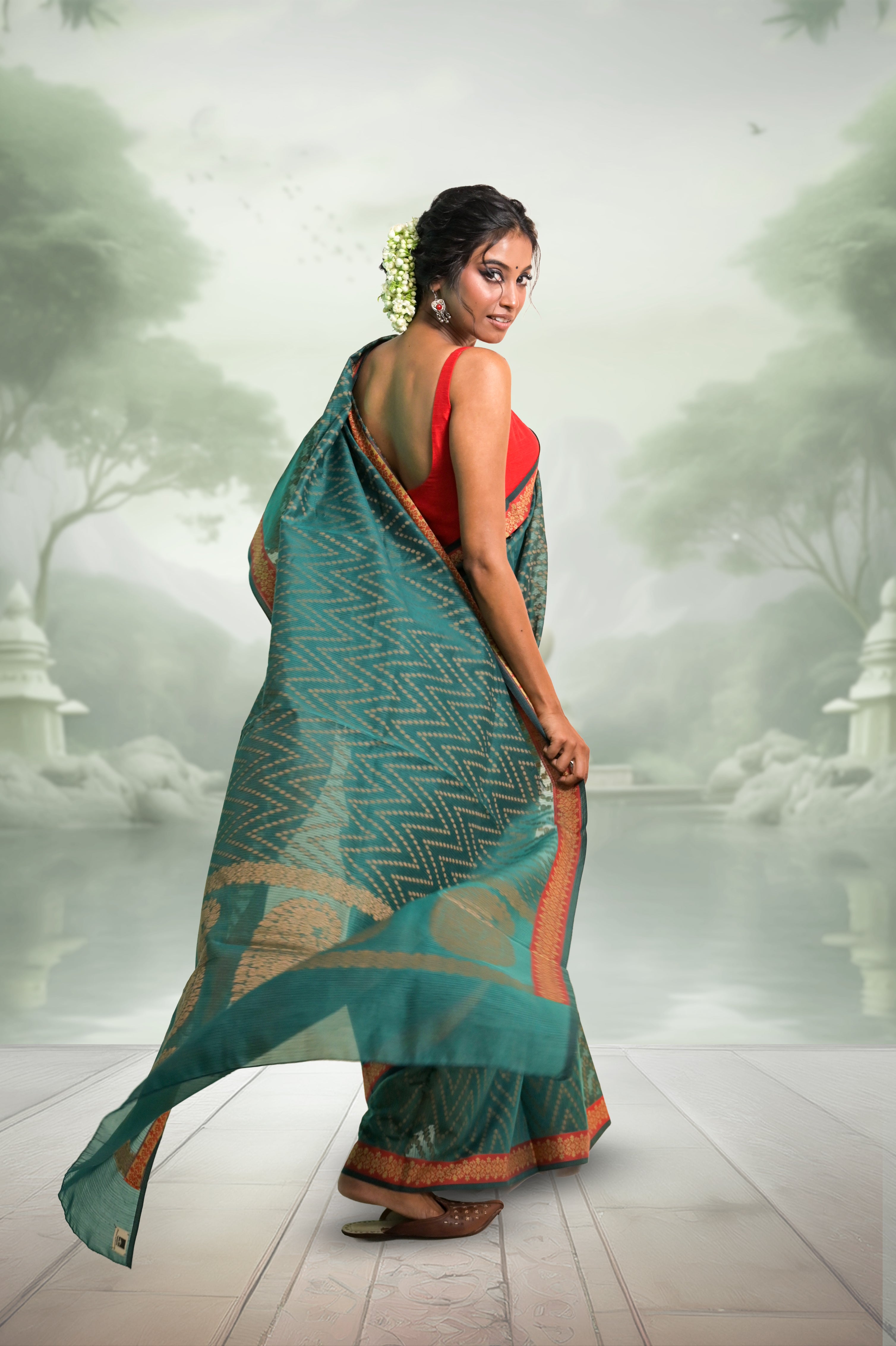 Srishti I Sea Green Handloom Cotton Saree with Floral Banarasi Border