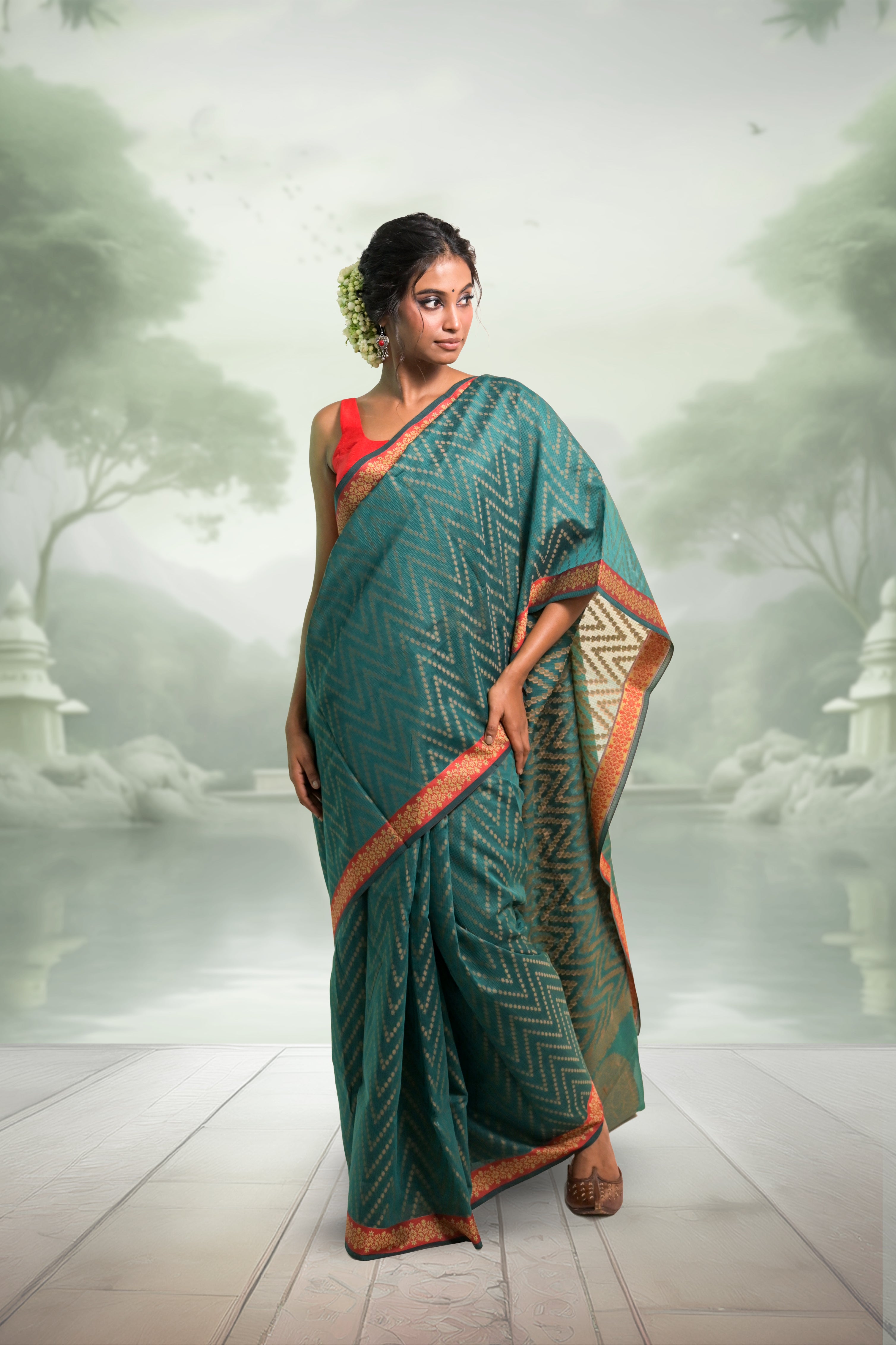 Srishti I Sea Green Handloom Cotton Saree with Floral Banarasi Border
