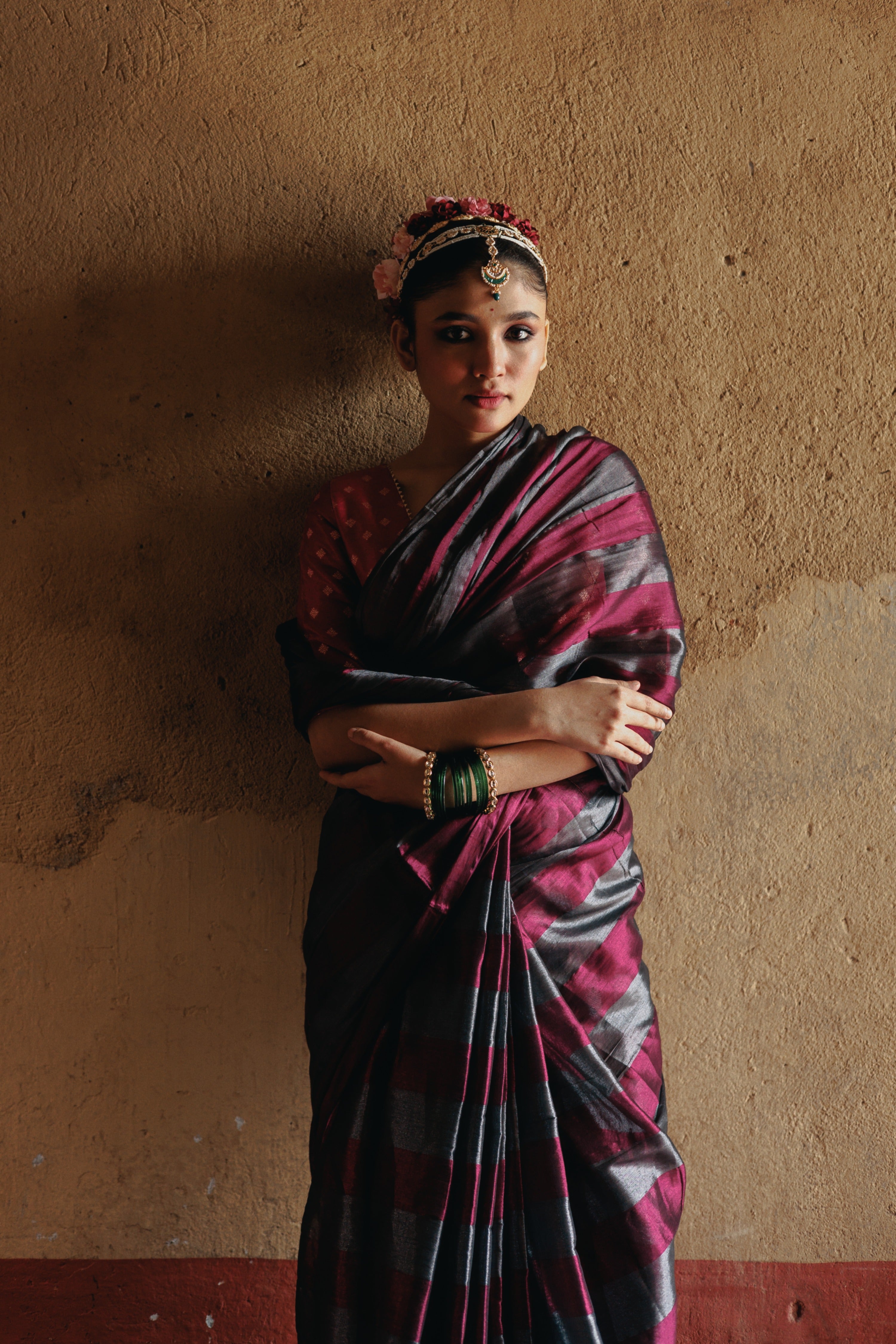 Abhilasha I Silver and Purple Striped Handloom Tissue Saree