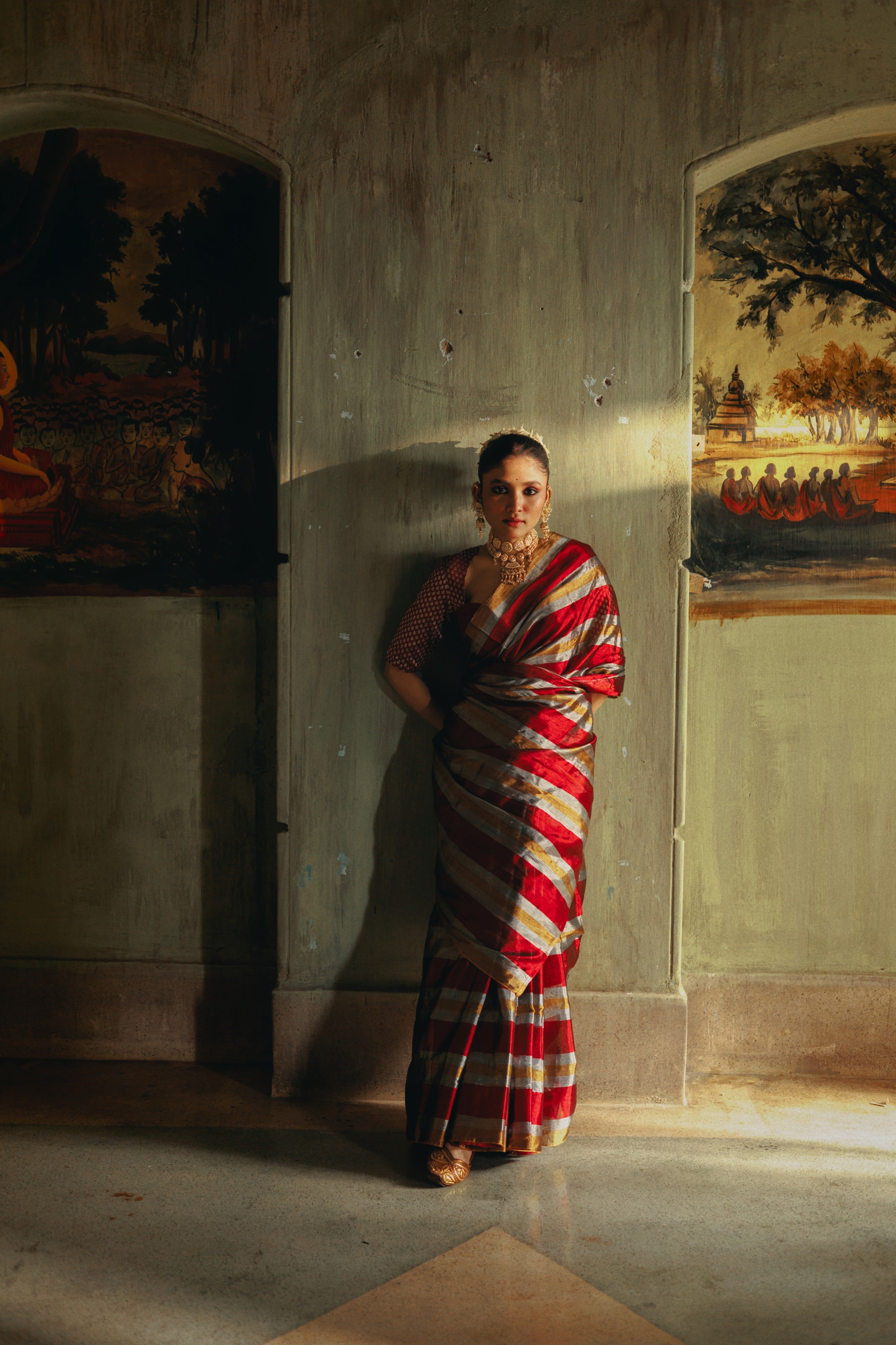 Multicolour Striped Handloom Tissue Saree with Ready to Wear Red Brocade Blouse Combo(Prathamika+Shringarika)