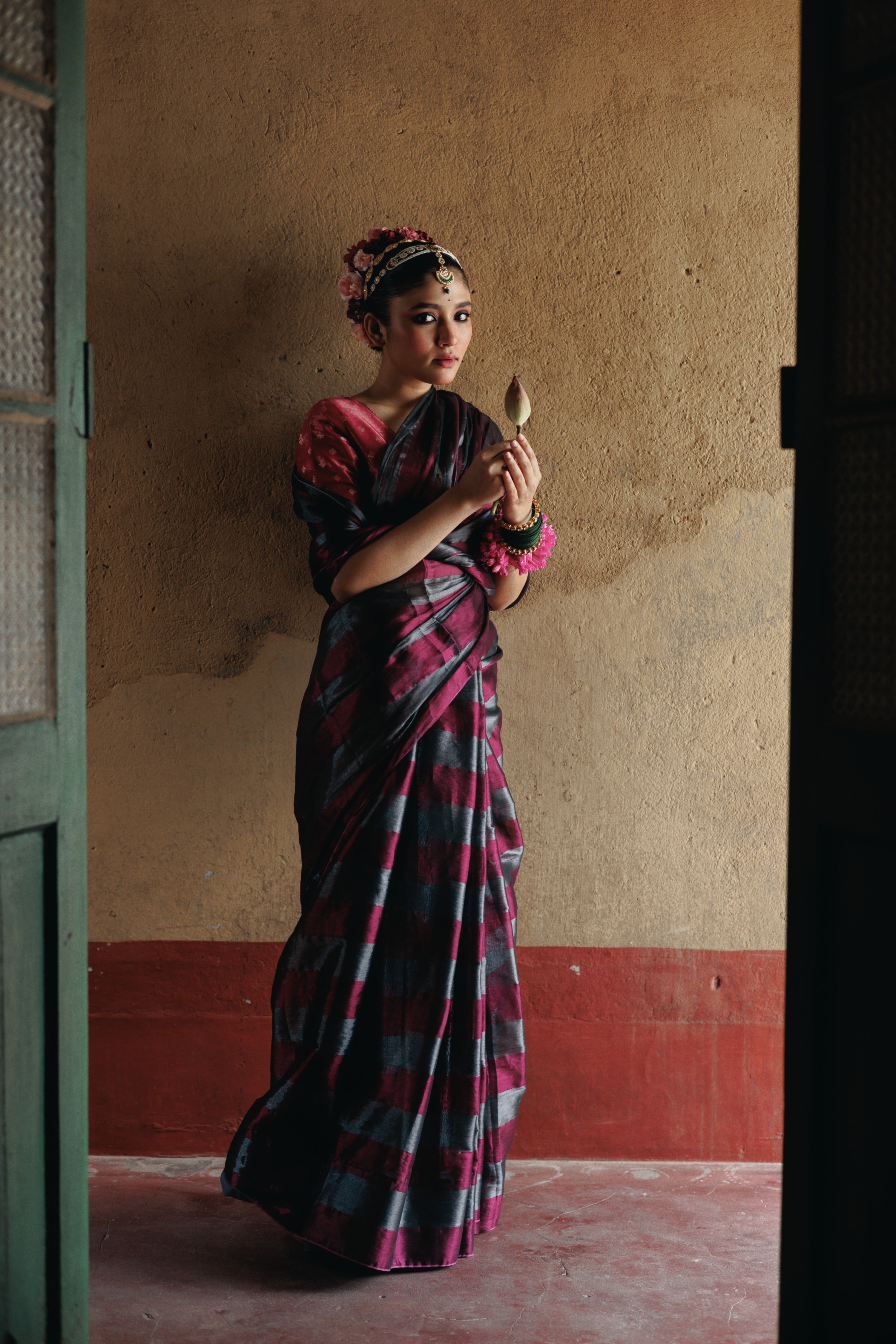 Silver and Purple Handloom Striped Tissue Saree with Ready to Wear Purple Brocade Blouse Combo(Abhilasha+Kangana)