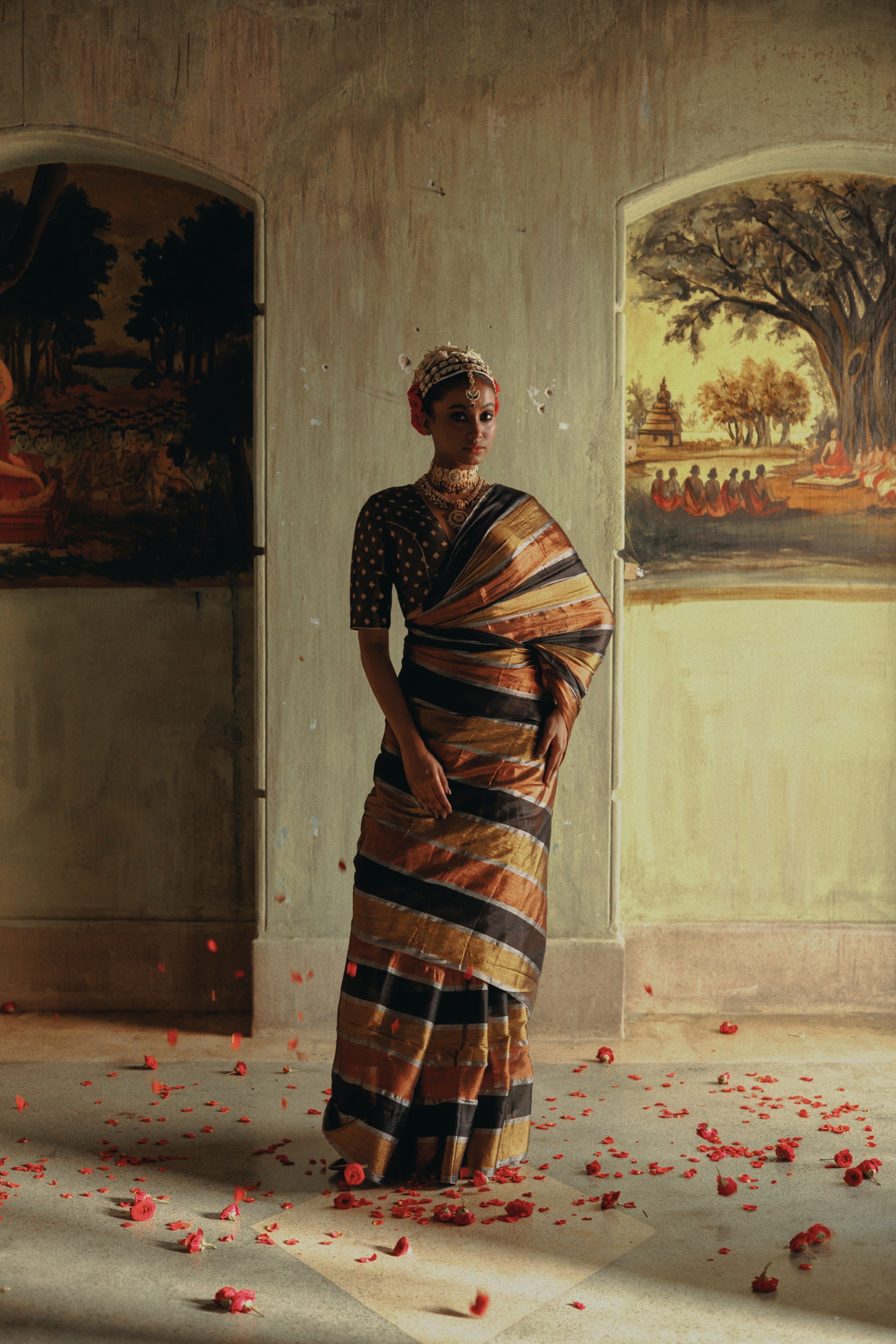 Multicoloured Handloom Tissue Saree with Ready to Wear Black Brocade Blouse Combo(Suprabha+Swarnika)