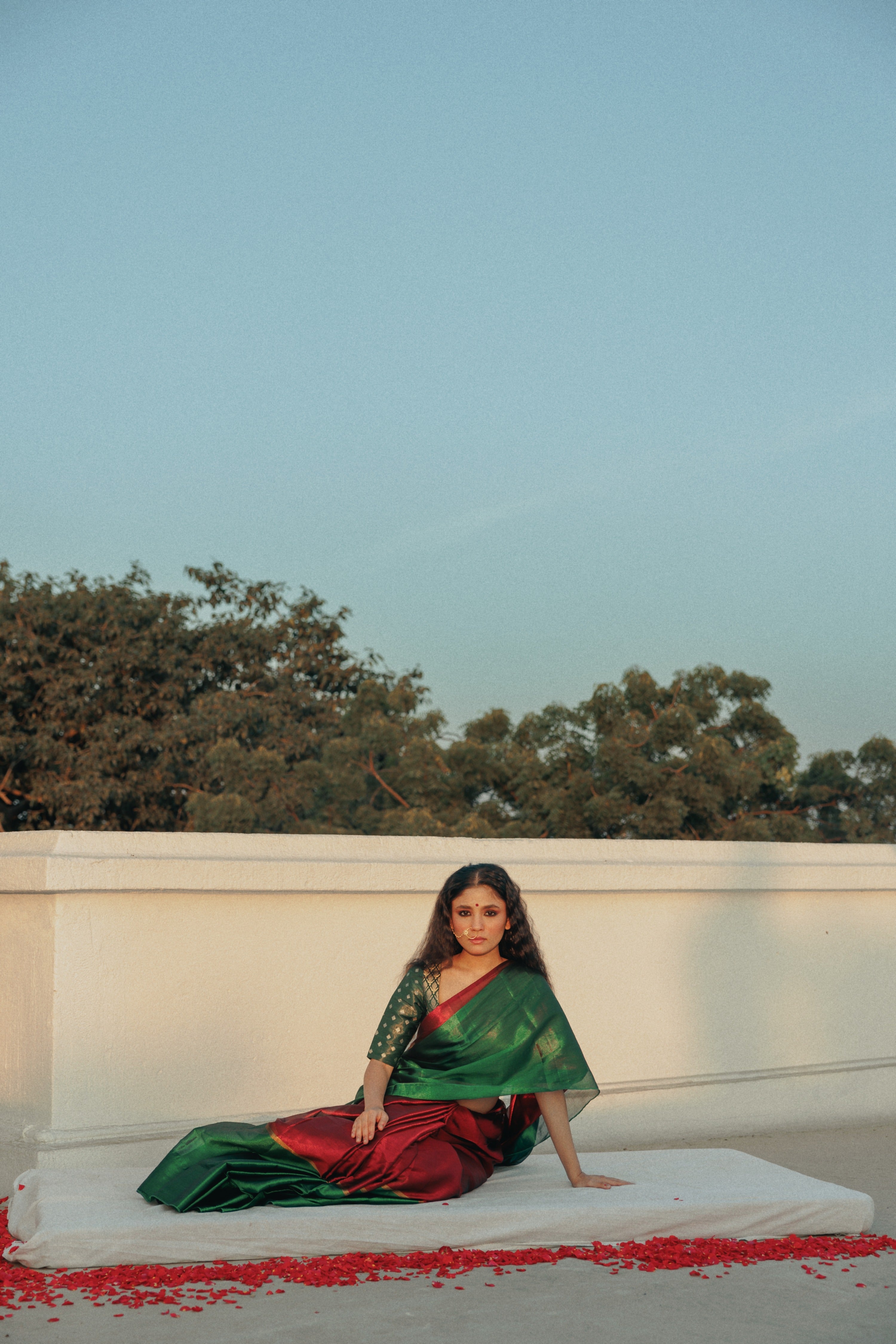 Red and Green Handloom Tissue Saree with Ready to Wear Green Brocade Combo(Sampriti+Manjari)