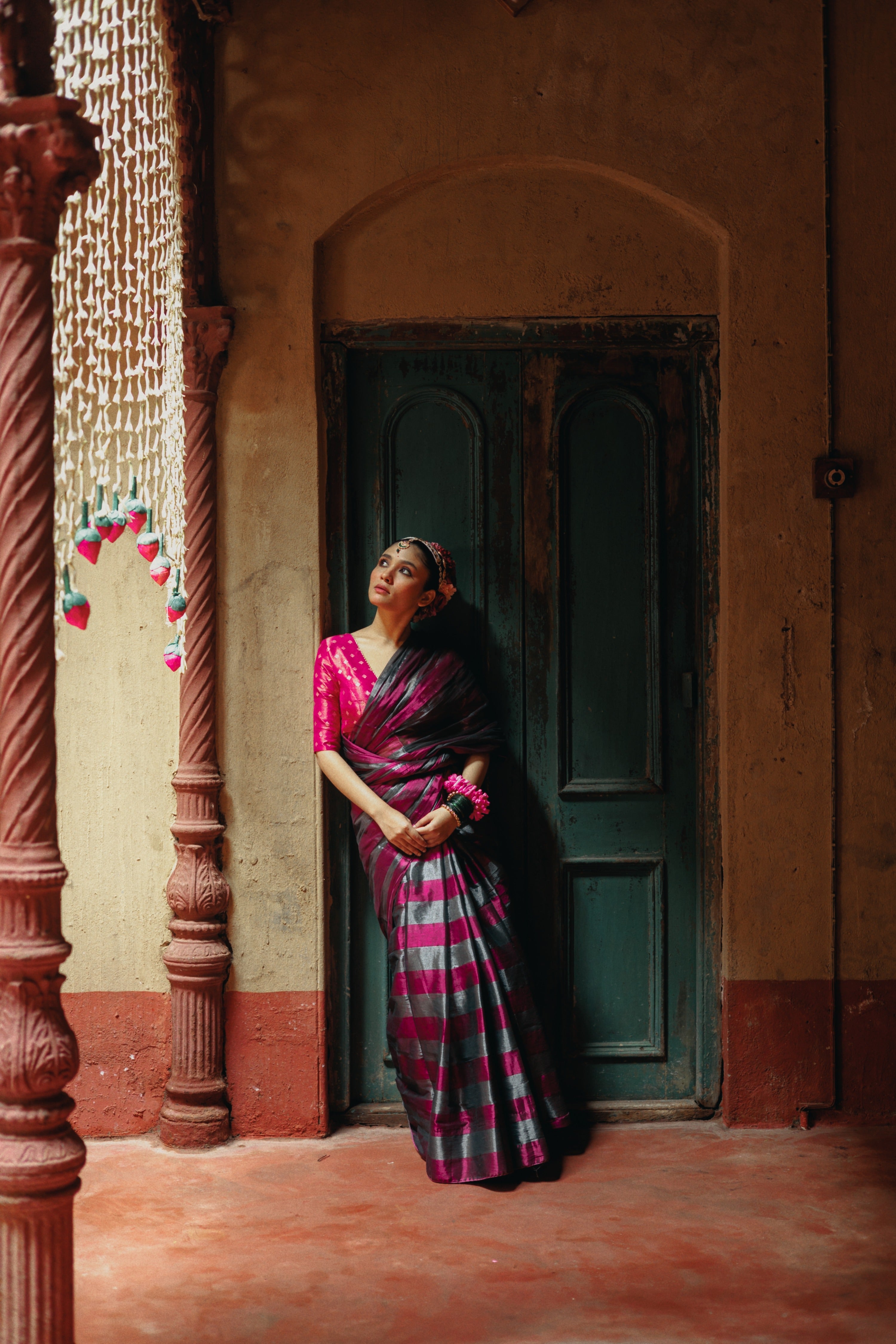 Silver and Purple Handloom Striped Tissue Saree with Ready to Wear Purple Brocade Blouse Combo(Abhilasha+Kangana)