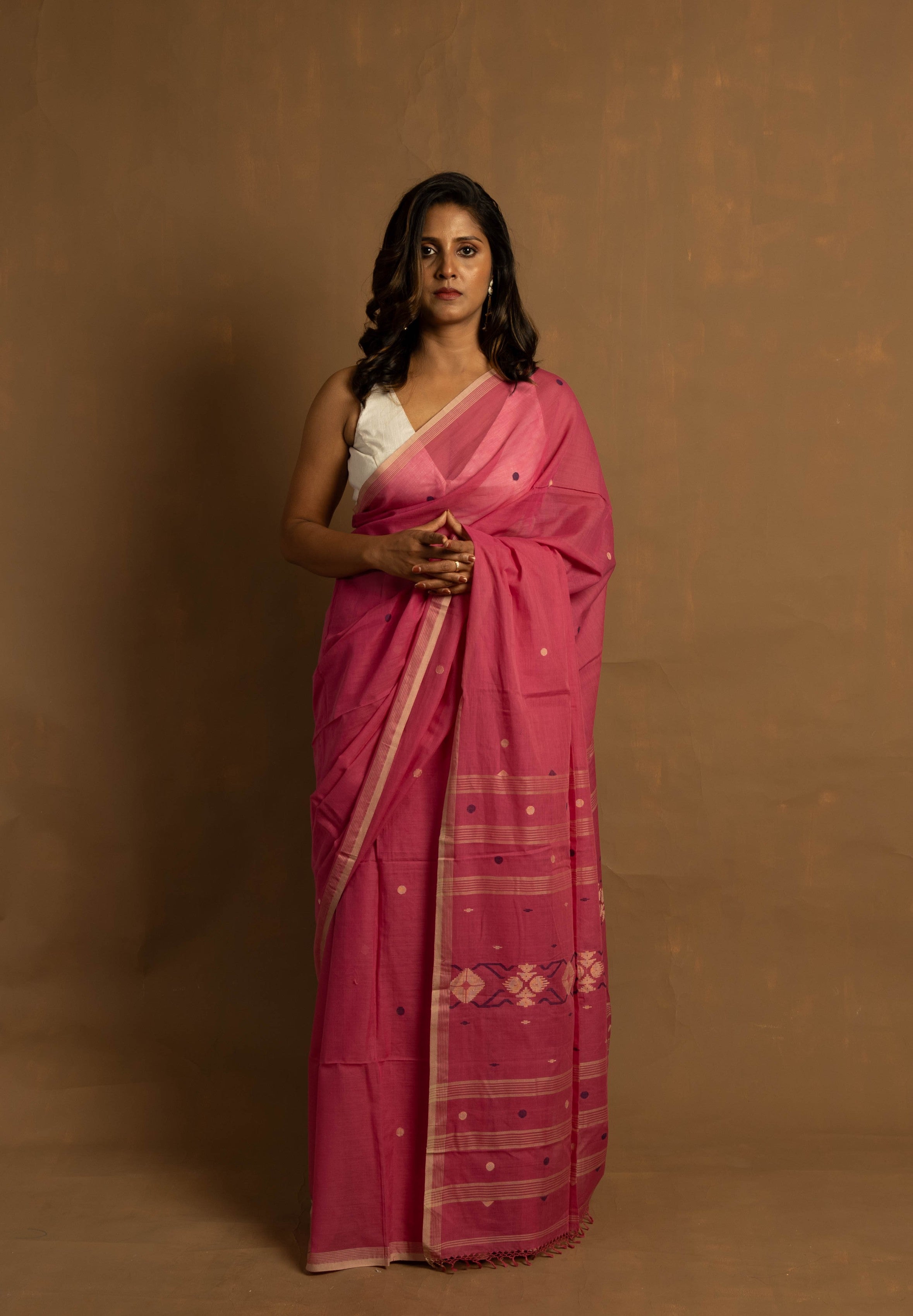 Pink Feather I Handloom Pink Cotton Jamdani Saree I