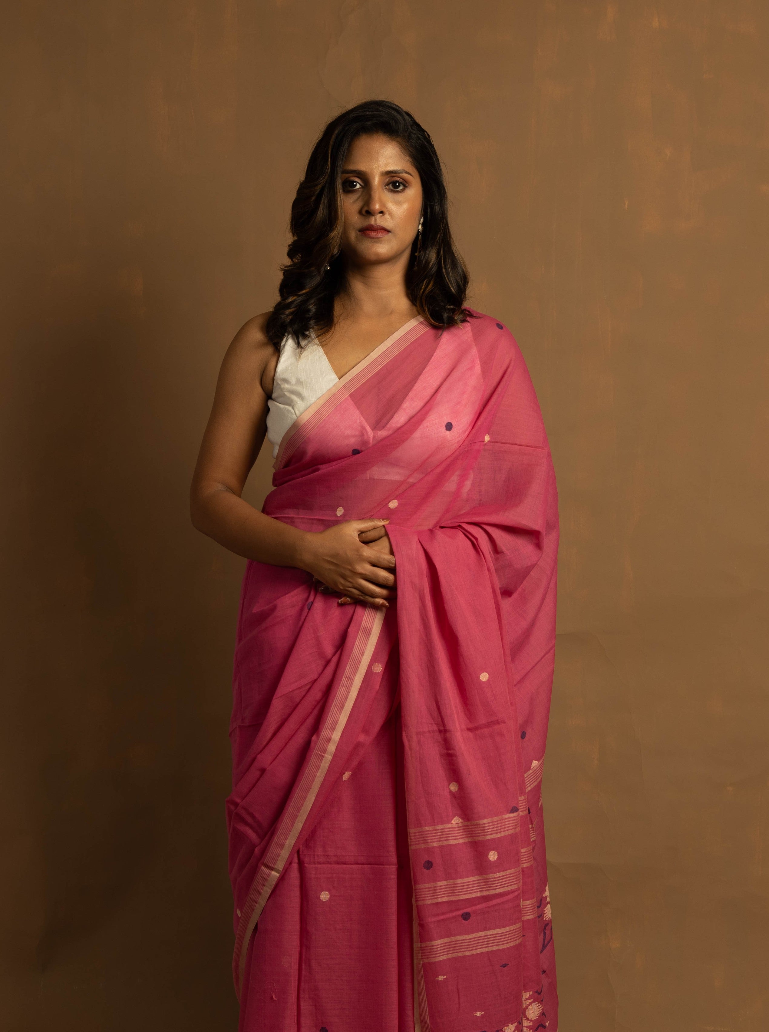 Pink Feather I Handloom Pink Cotton Jamdani Saree I