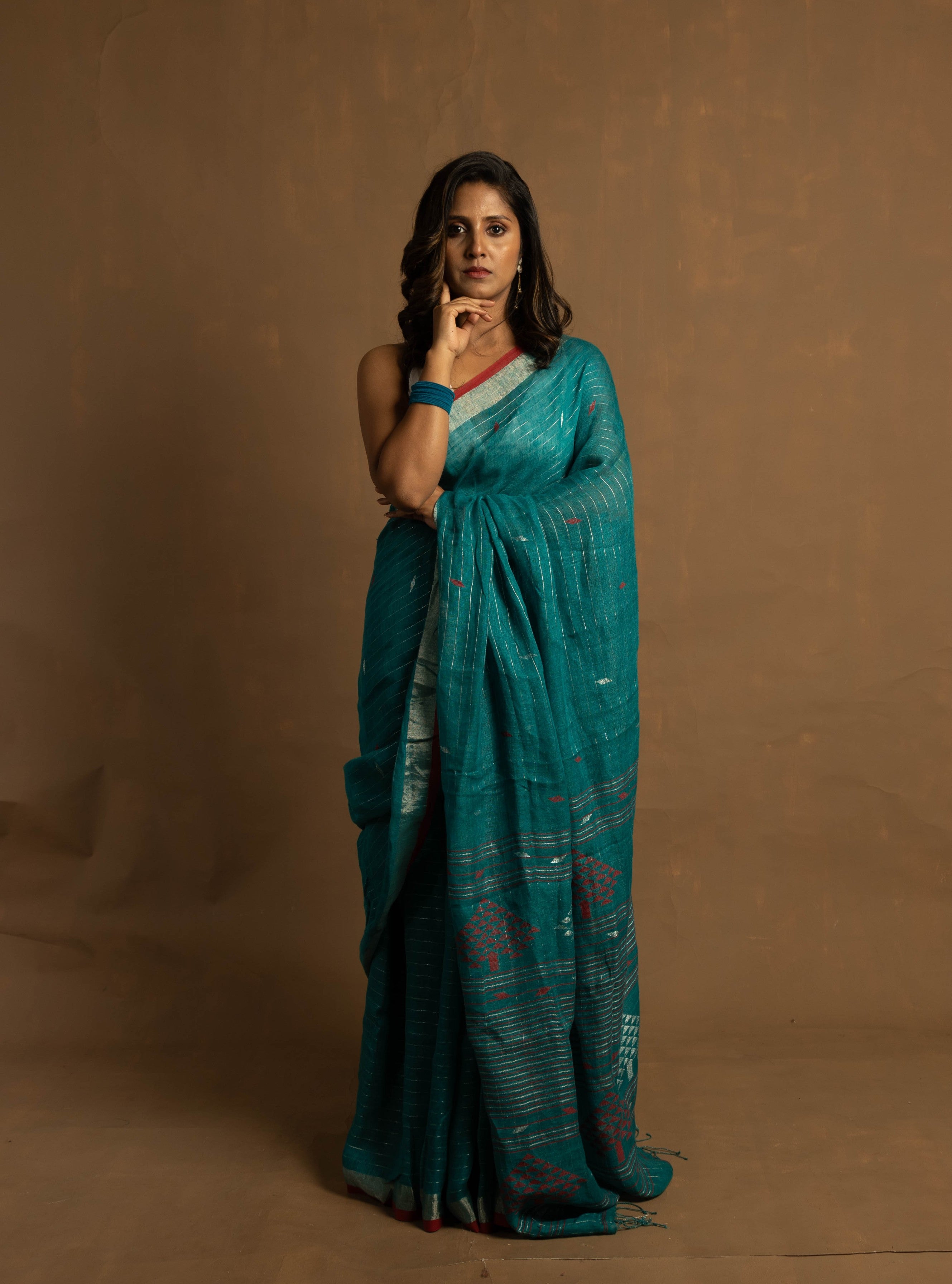 Turquoise Samundar I Handloom  Blue Linen Jamdani Saree