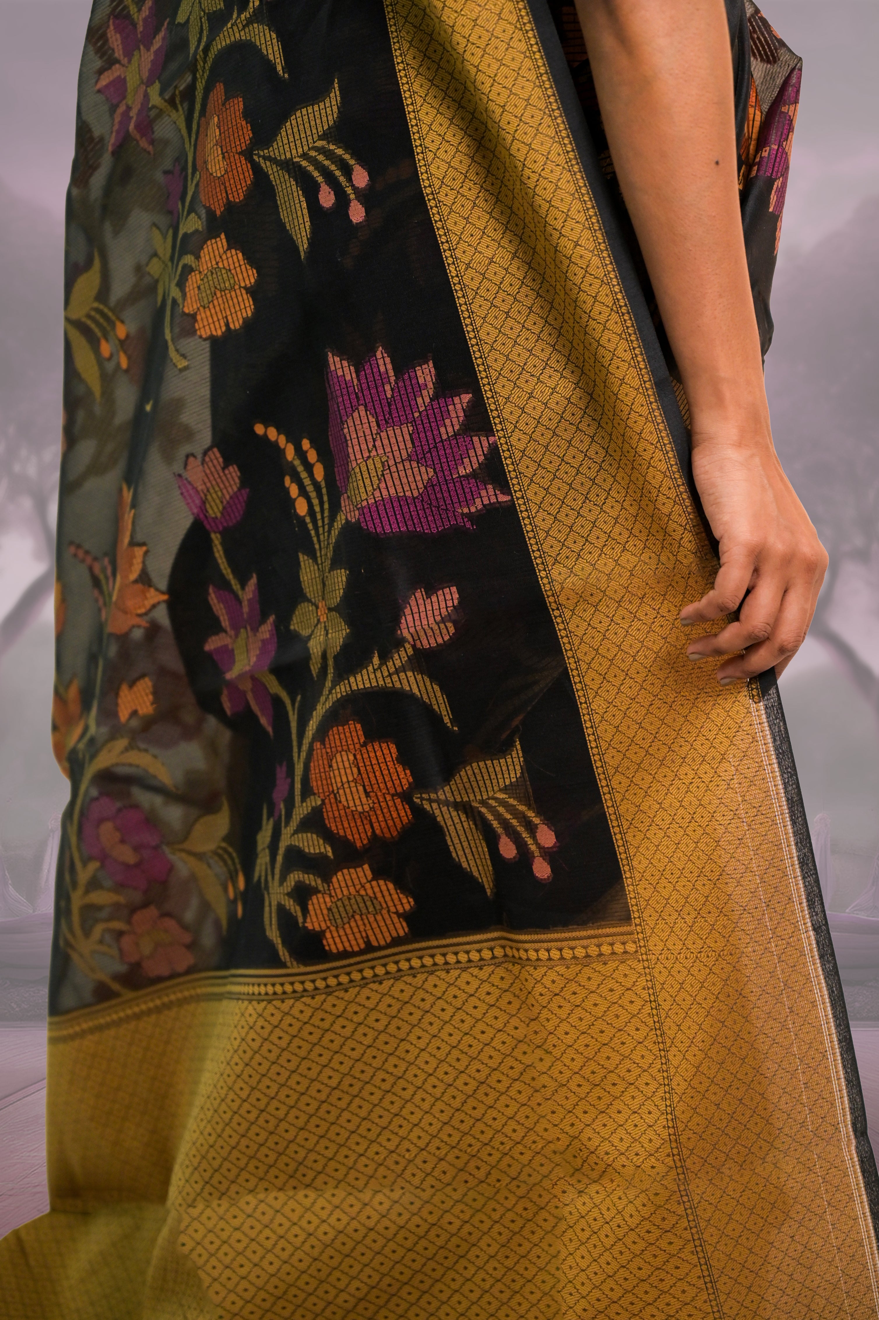 Suvanya I Black Handloom Cotton Saree with Multicolour Floral Jaal Motifs