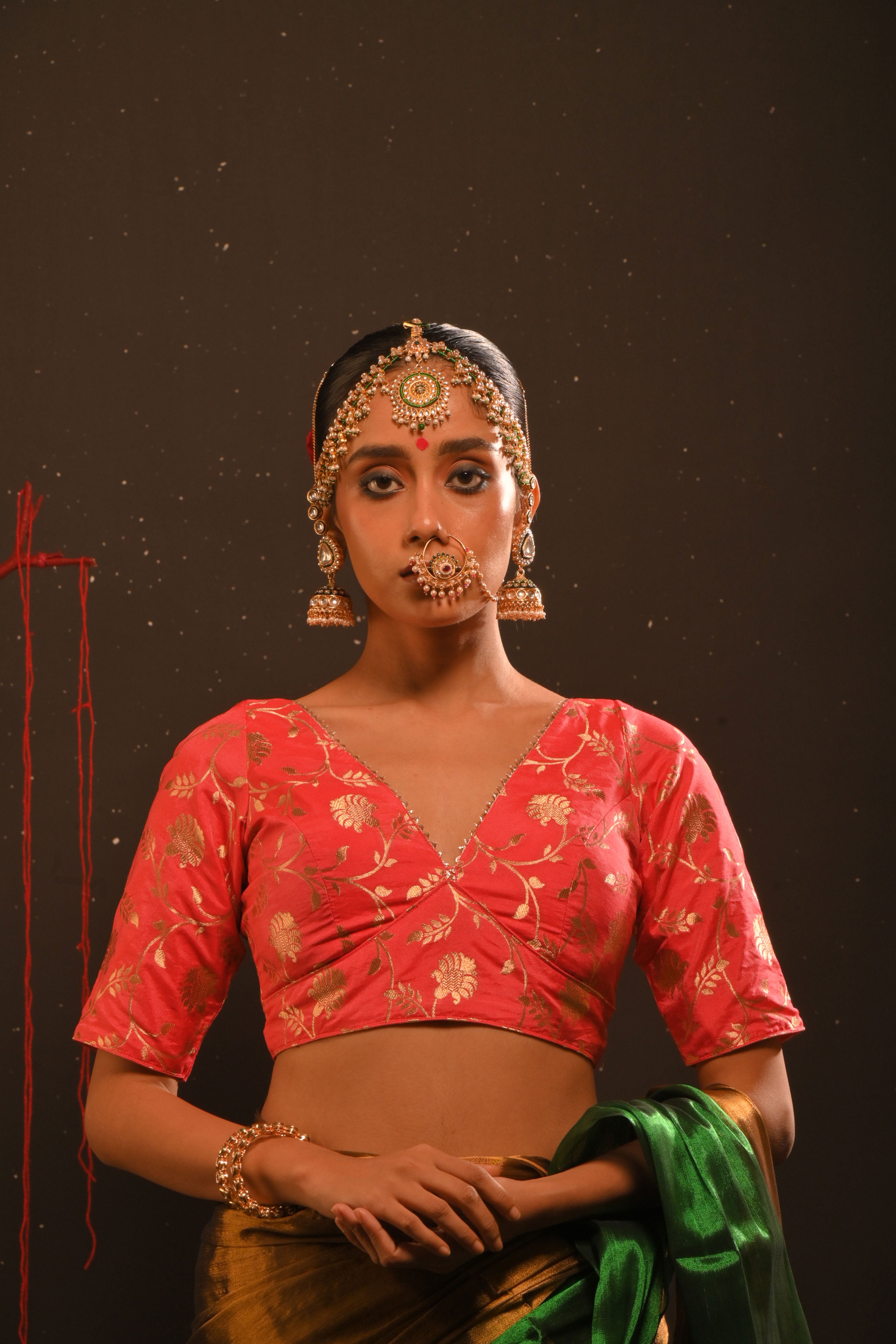 Vishruti I Coral red floral brocade blouse