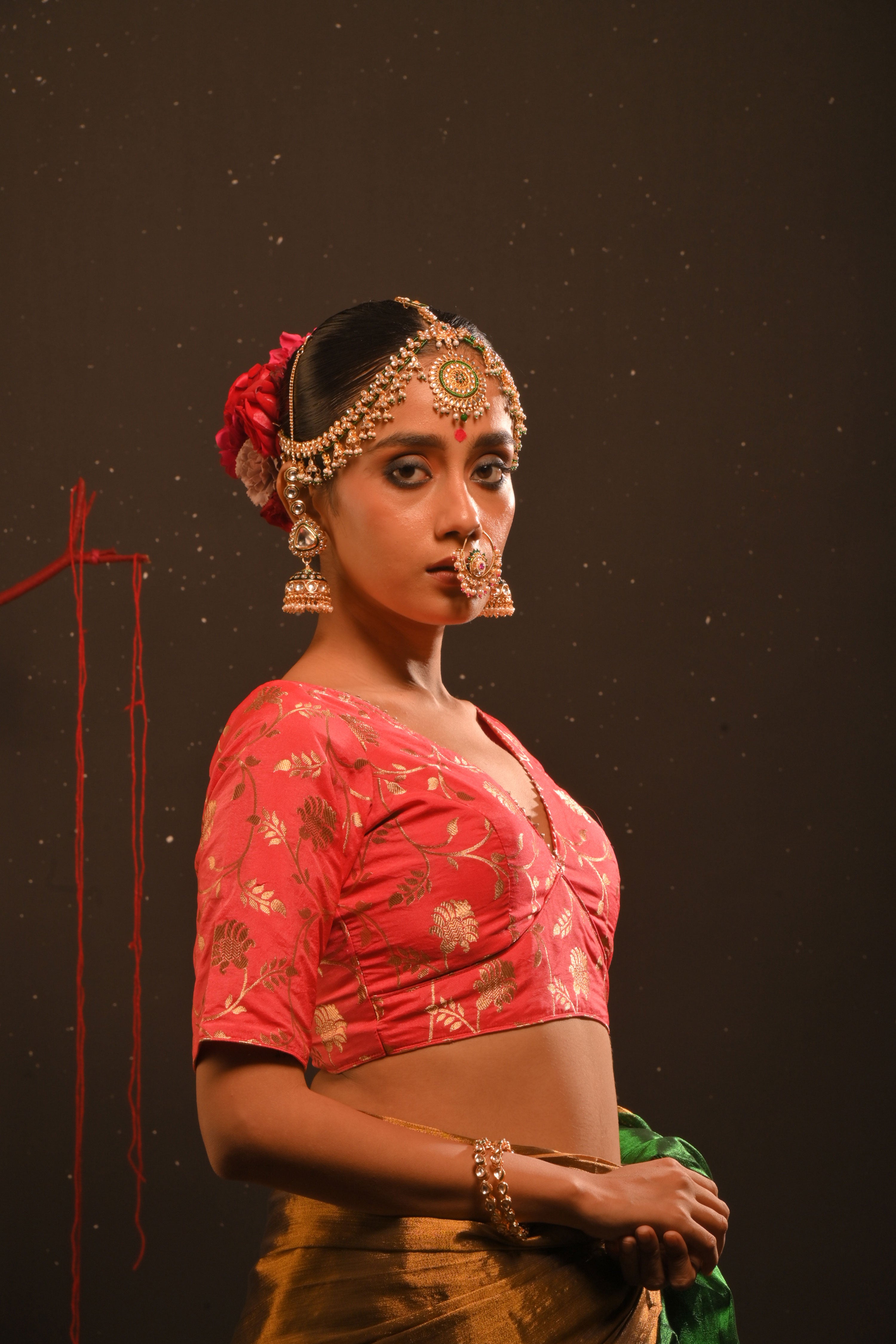 Vishruti I Coral red floral brocade blouse