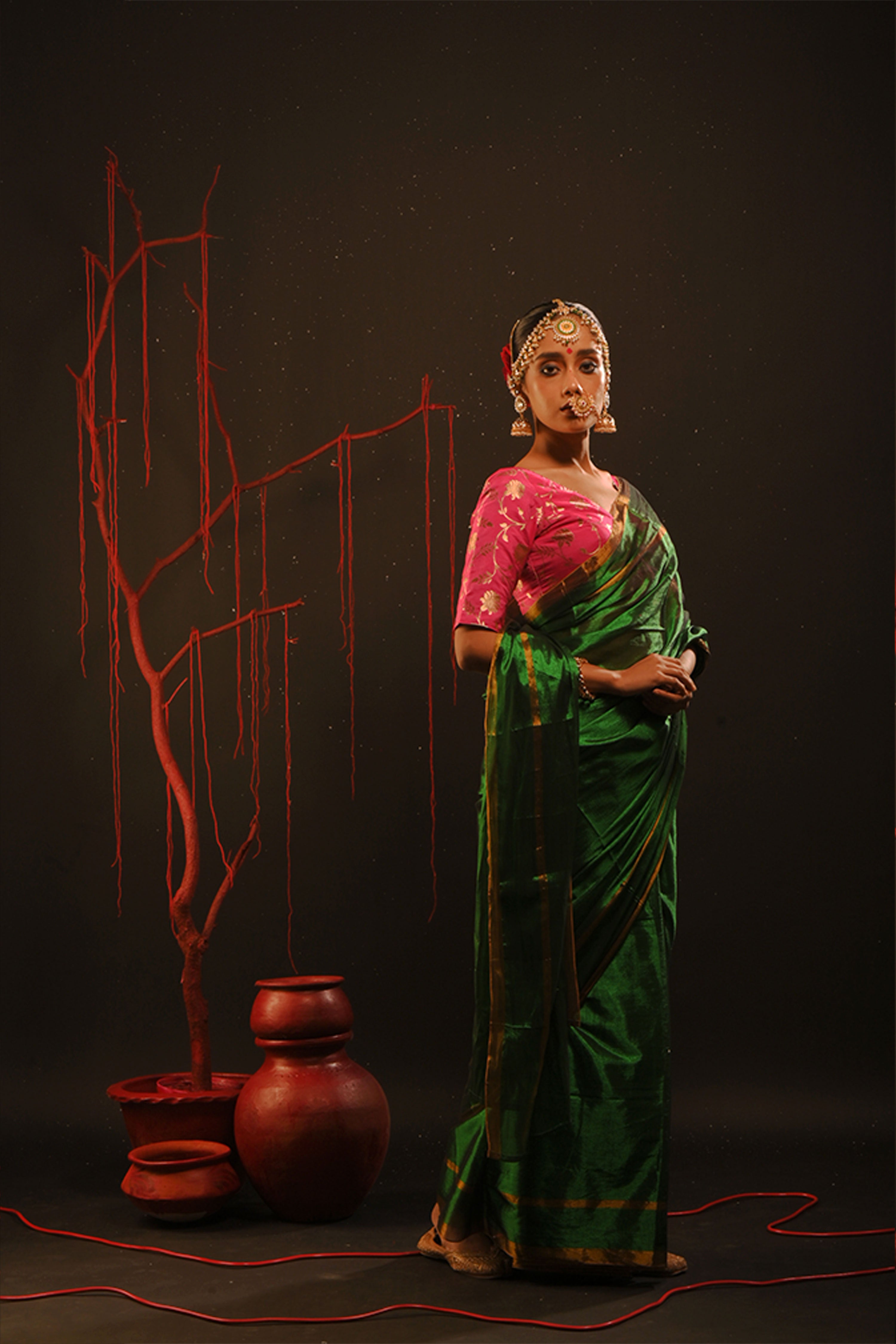 Chitrani I Green handwoven tissue saree with gold striped border