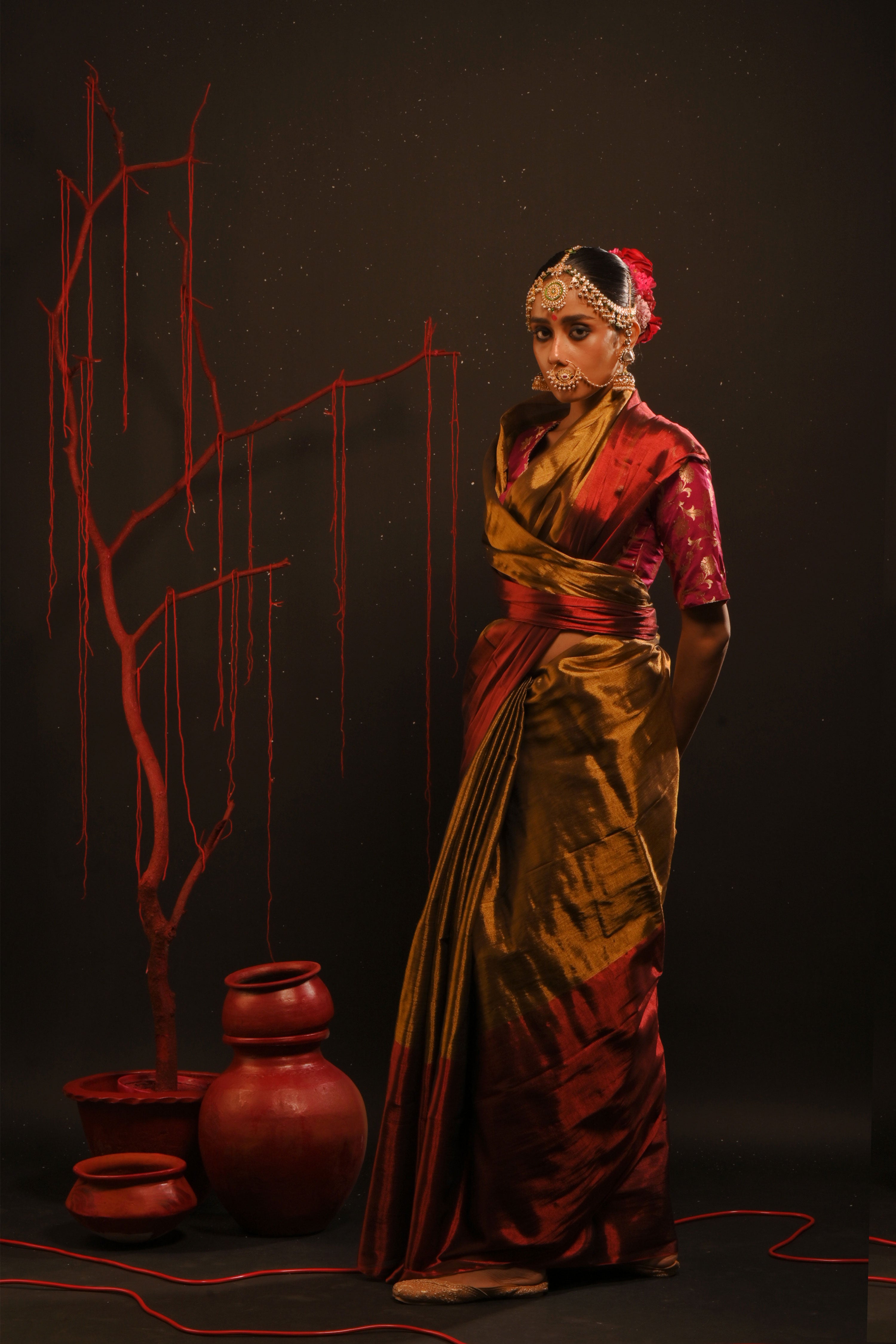 Yagnika I Gold handwoven tissue saree with red border