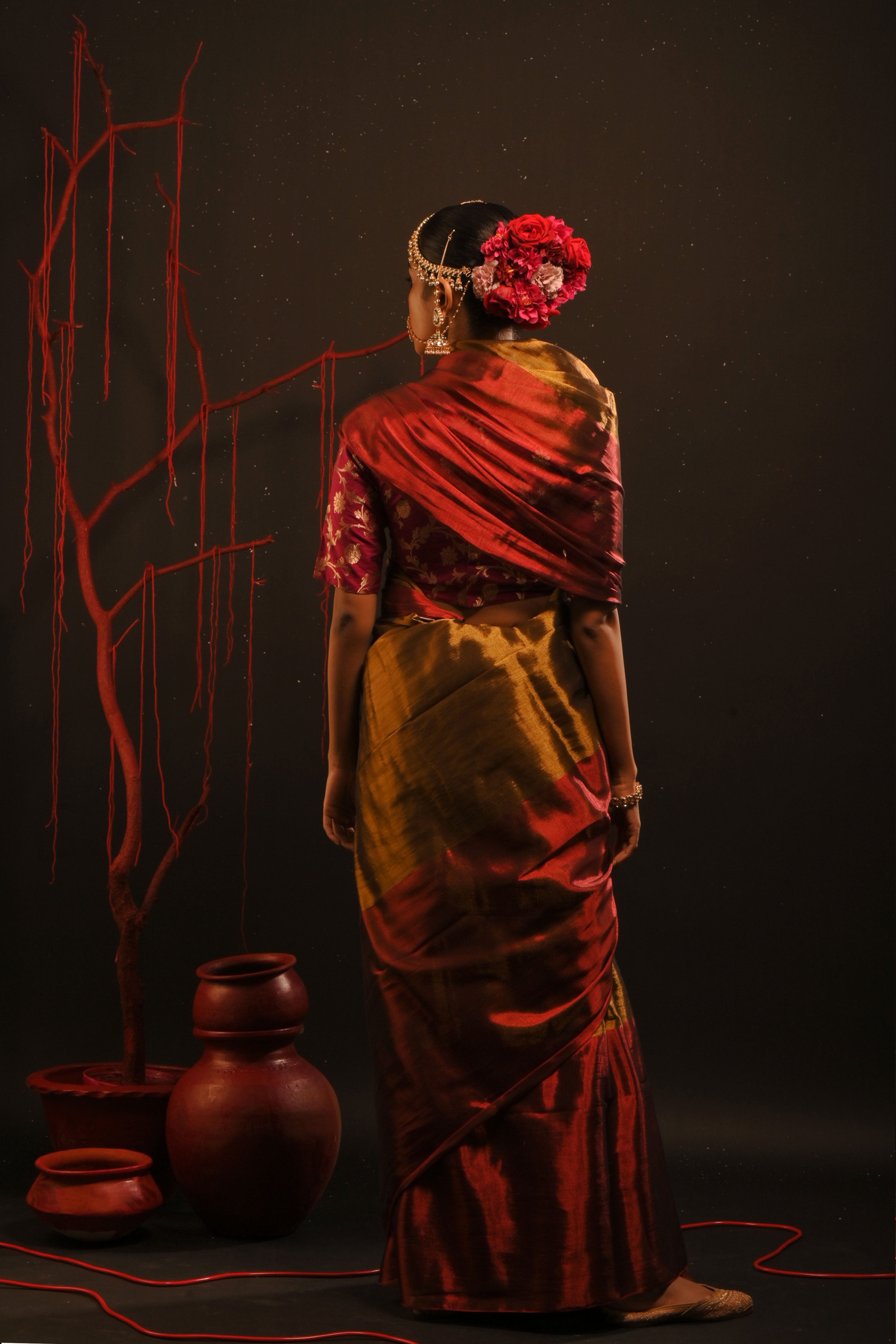 Yagnika I Gold handwoven tissue saree with red border