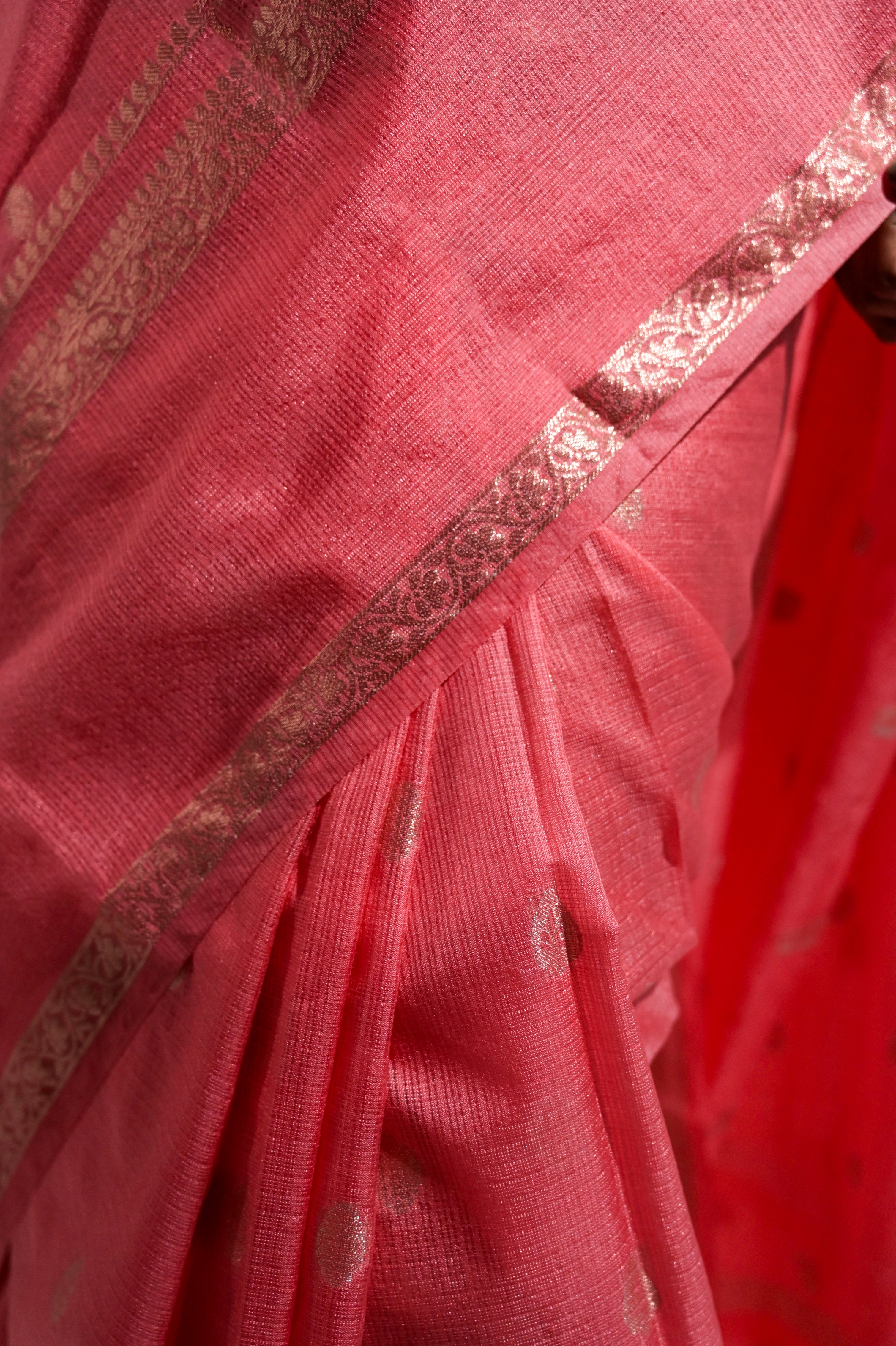 Taarini I Coral Pink Handloom Cotton Kota Banarasi Saree with Zari Border