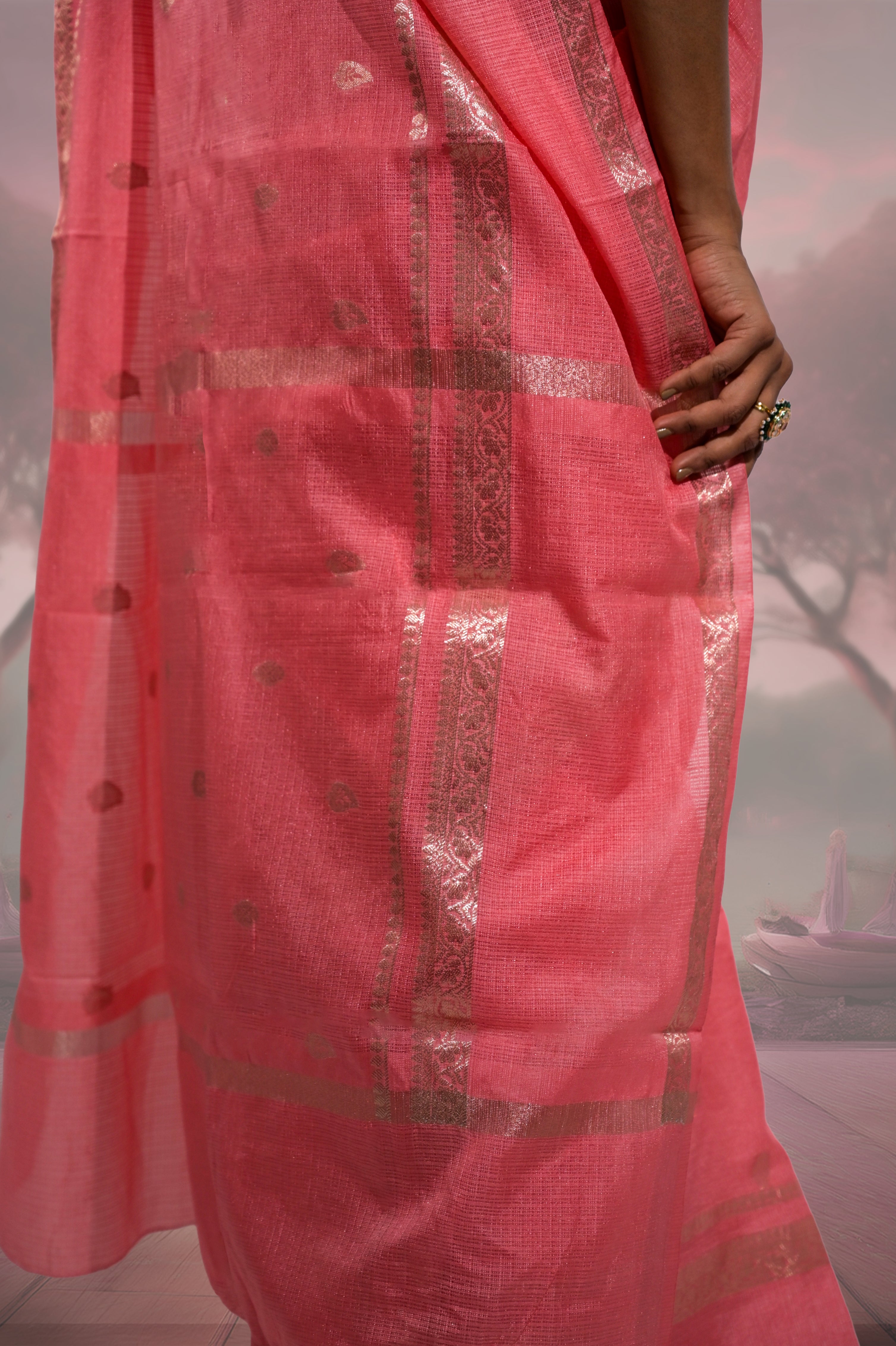 Taarini I Coral Pink Handloom Cotton Kota Banarasi Saree with Zari Border