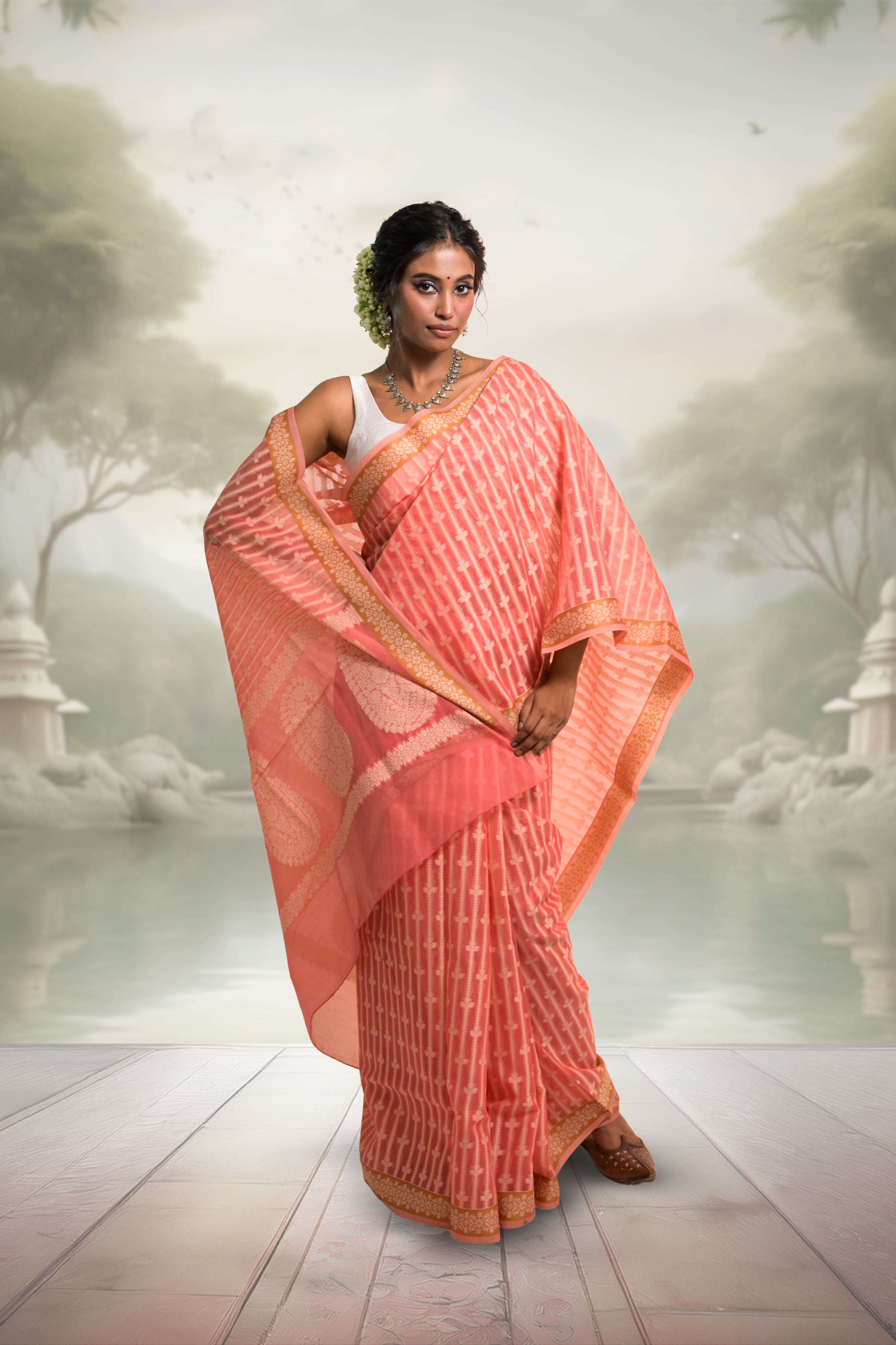 Tattva I Coral Handloom Cotton Banarasi Saree with Floral Border and striped leave vines