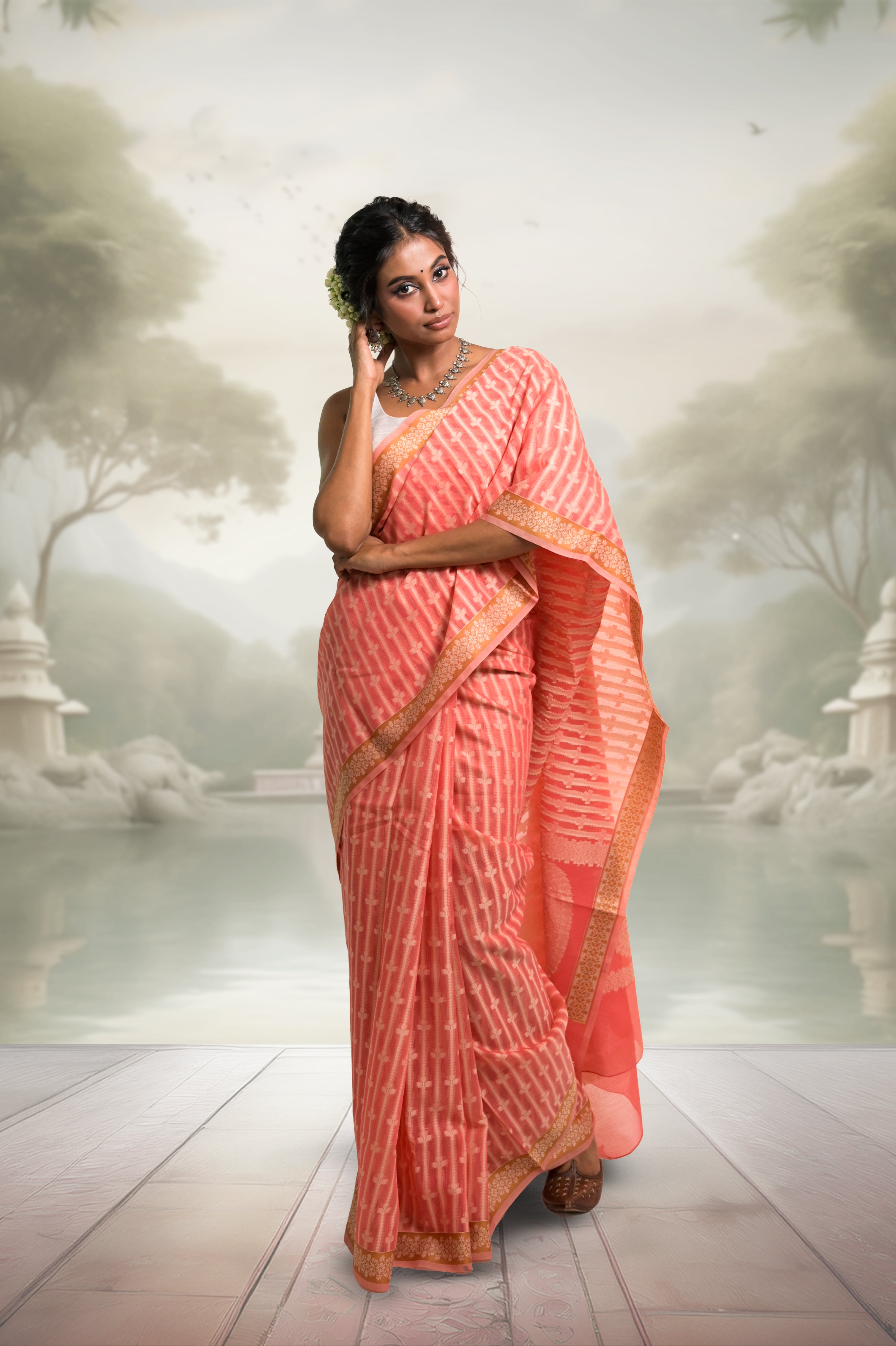 Tattva I Coral Handloom Cotton Banarasi Saree with Floral Border and striped leave vines