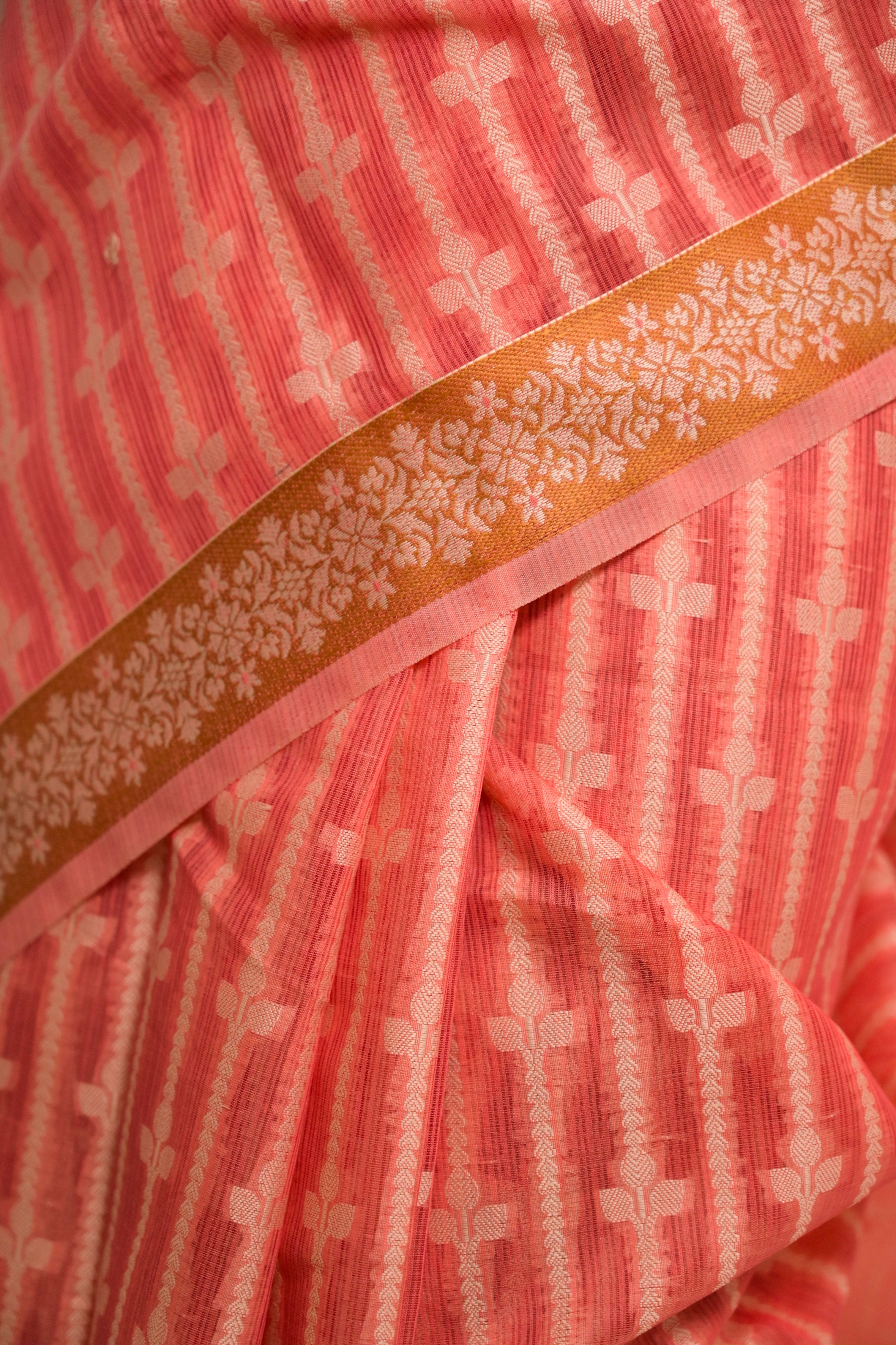 Tattva I Coral Handloom Cotton Banarasi Saree with Floral Border and striped leave vines
