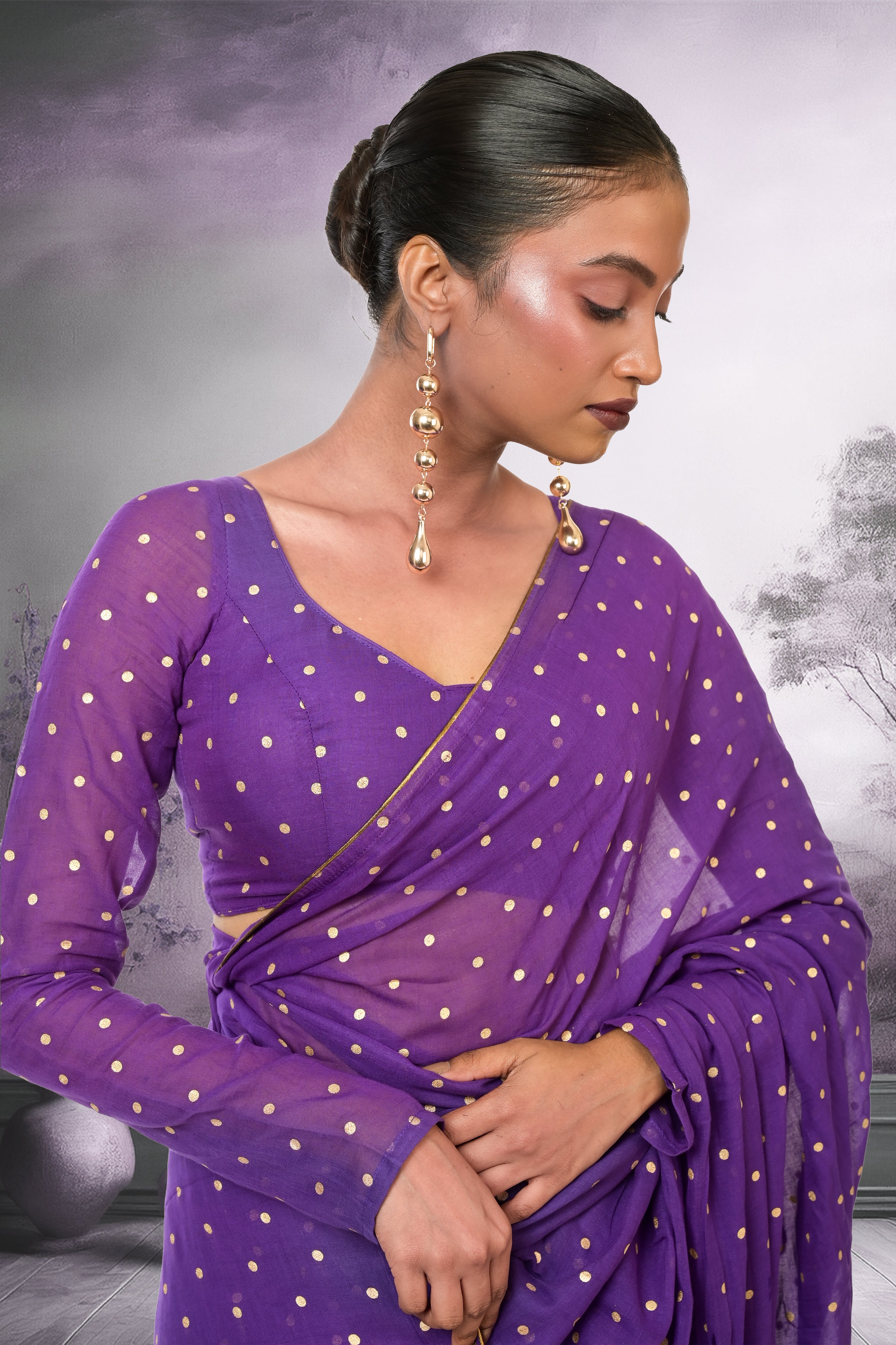 Twilight Specks I Purple Handloom Mul Cotton Metallic Polka Dotted Saree