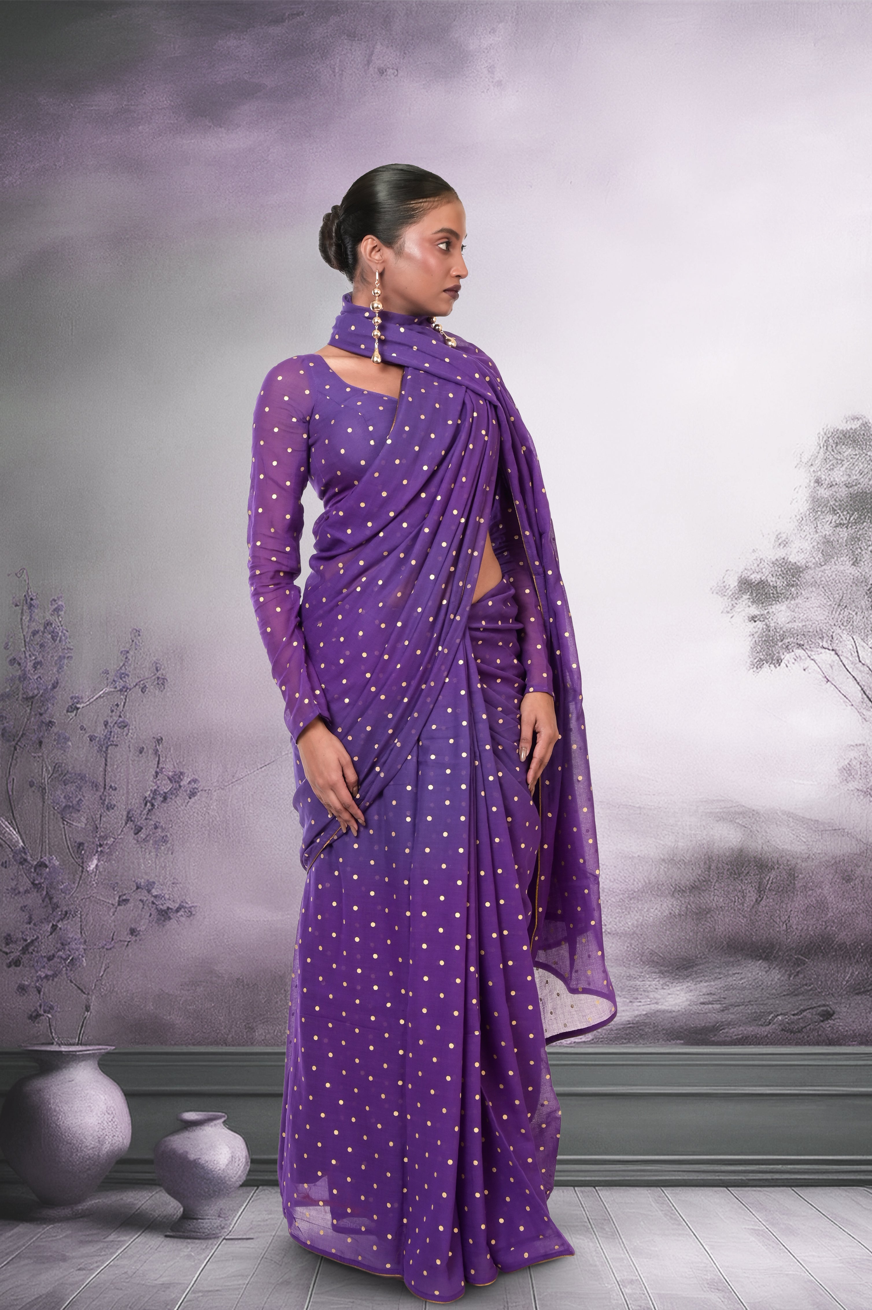 Twilight Specks I Purple Handloom Mul Cotton Metallic Polka Dotted Saree