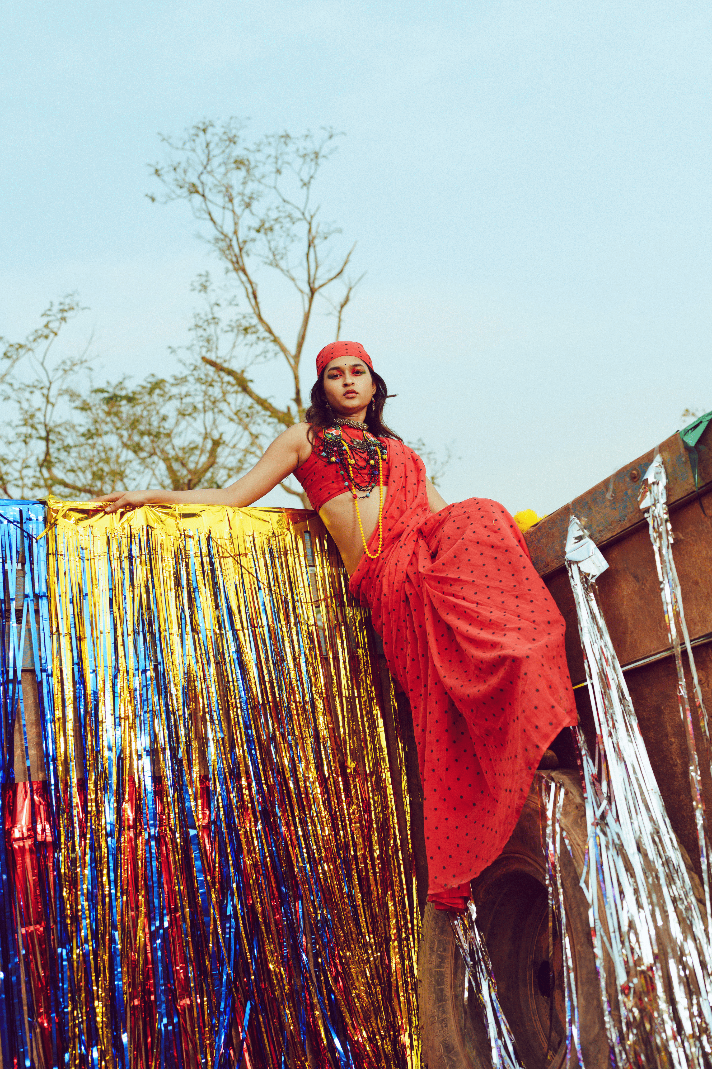 Chulbuli chilly I Red Handloom Mul Cotton Polka Dotted Saree