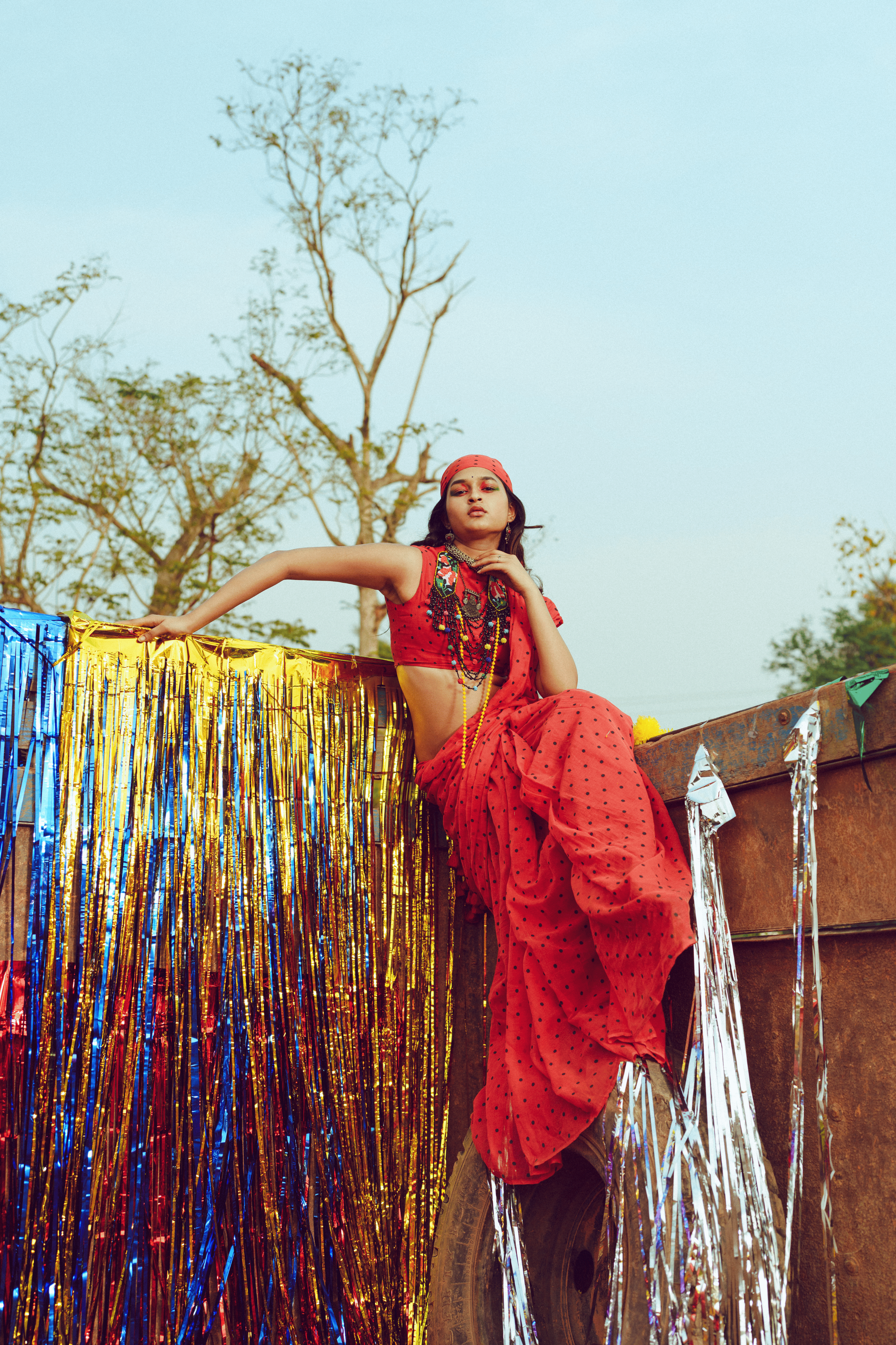 Chulbuli chilly I Red Handloom Mul Cotton Polka Dotted Saree