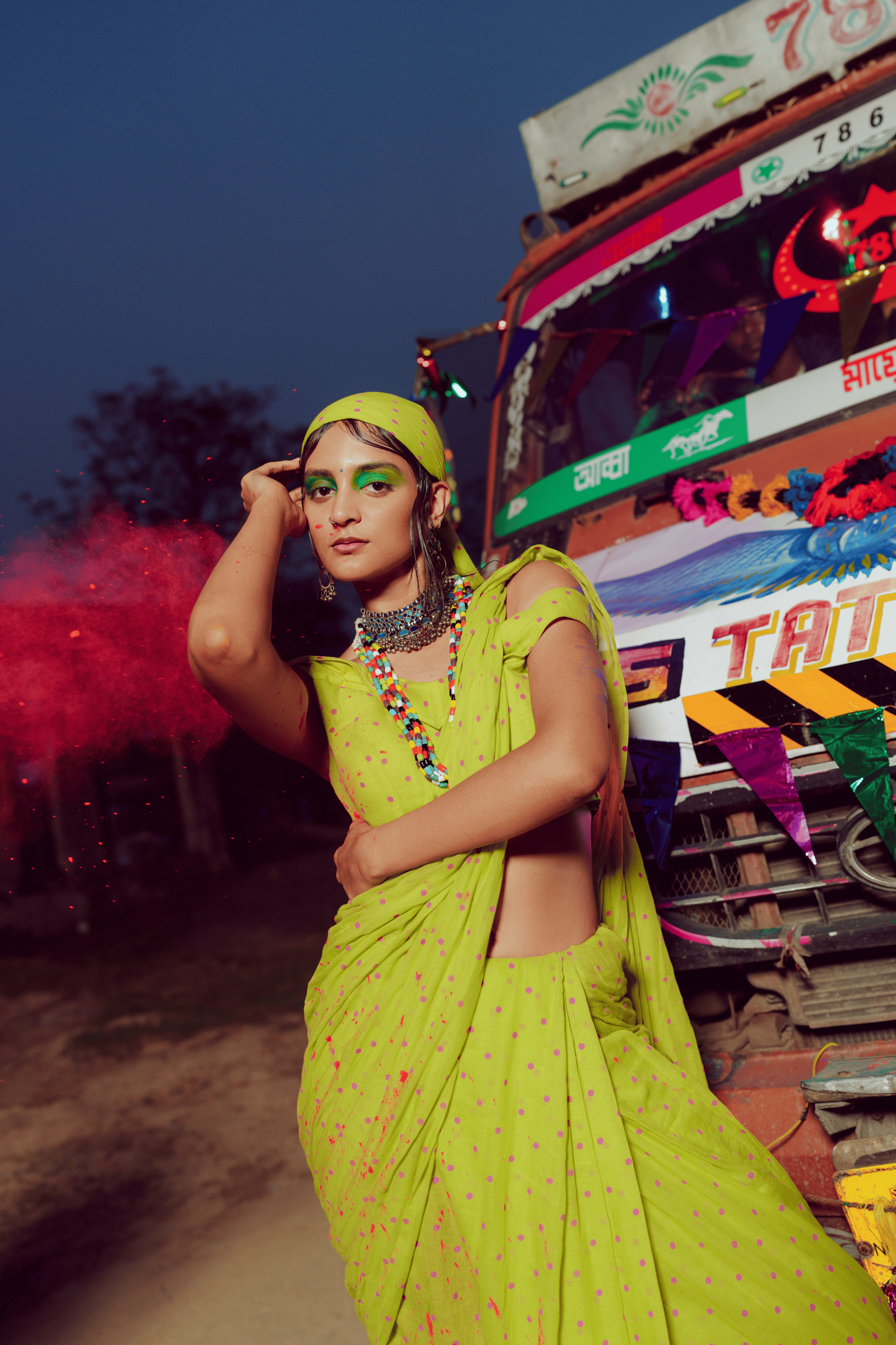 Nimbu Mirchi I Lime Green Handloom Mul Cotton Polka Dotted Saree