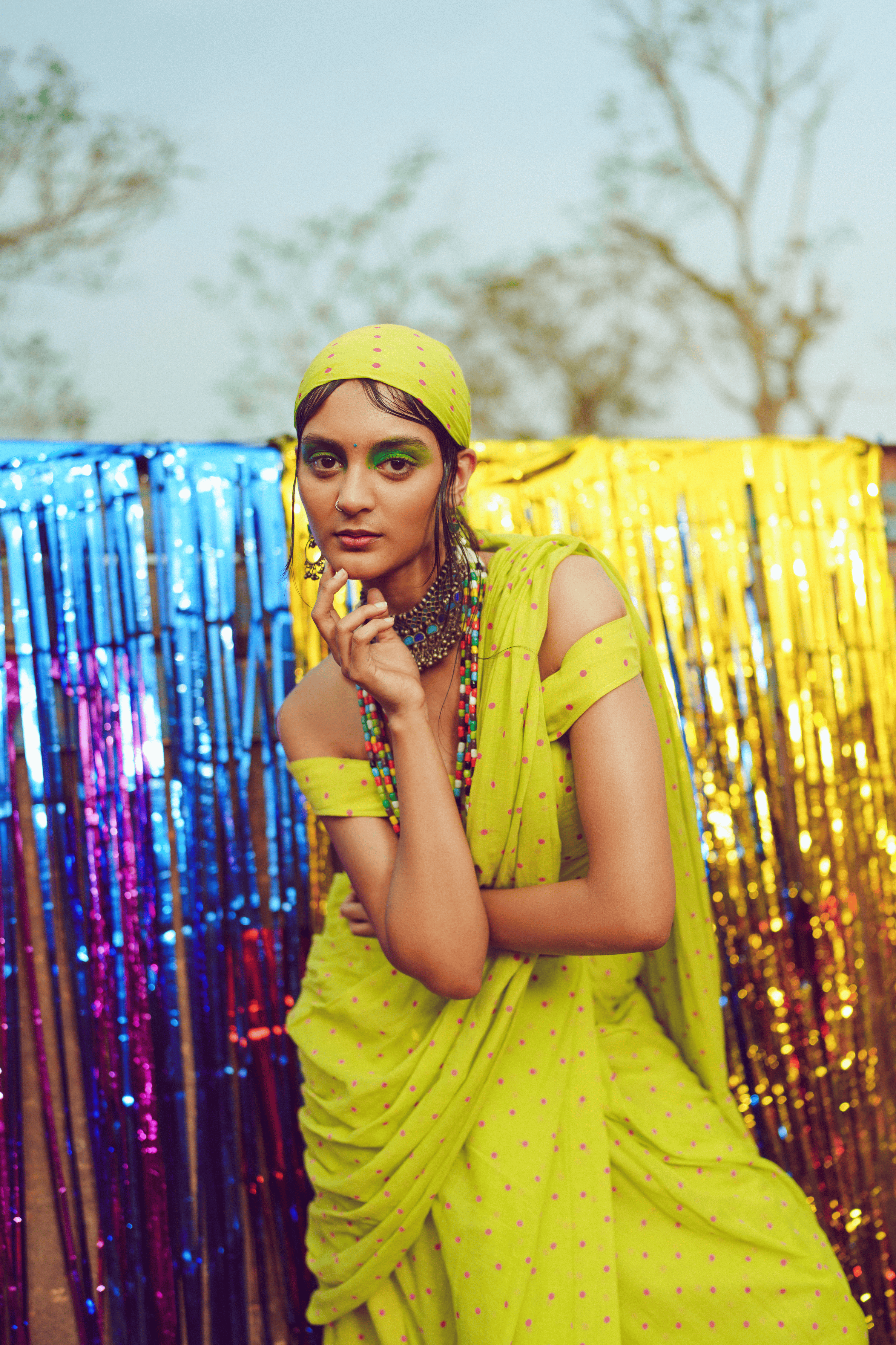 Nimbu Mirchi I Lime Green Handloom Mul Cotton Polka Dotted Saree