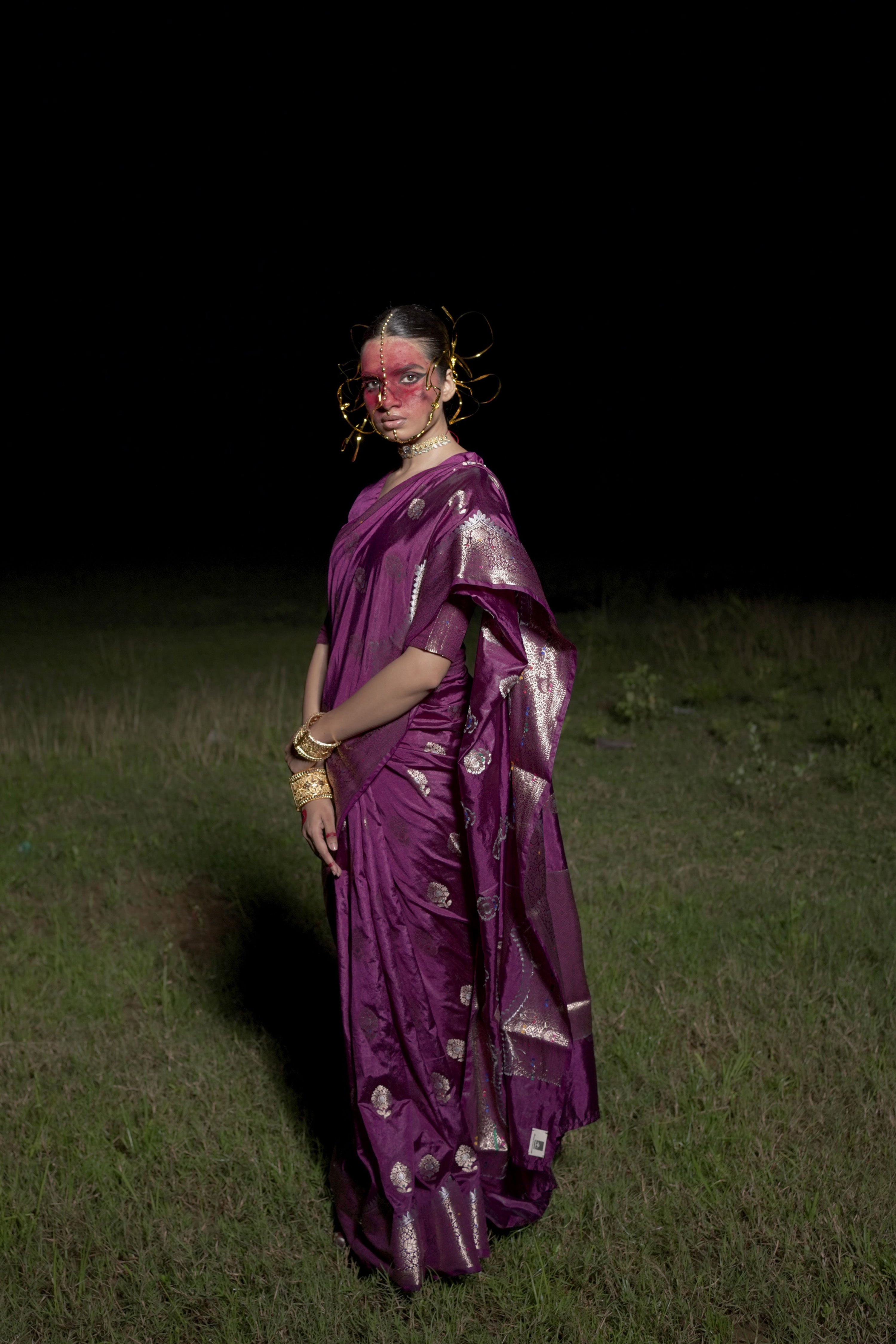 Chitrarupa I Purple Handwoven Katan Banarasi Saree with Floral Jaal Zari Border and Butis