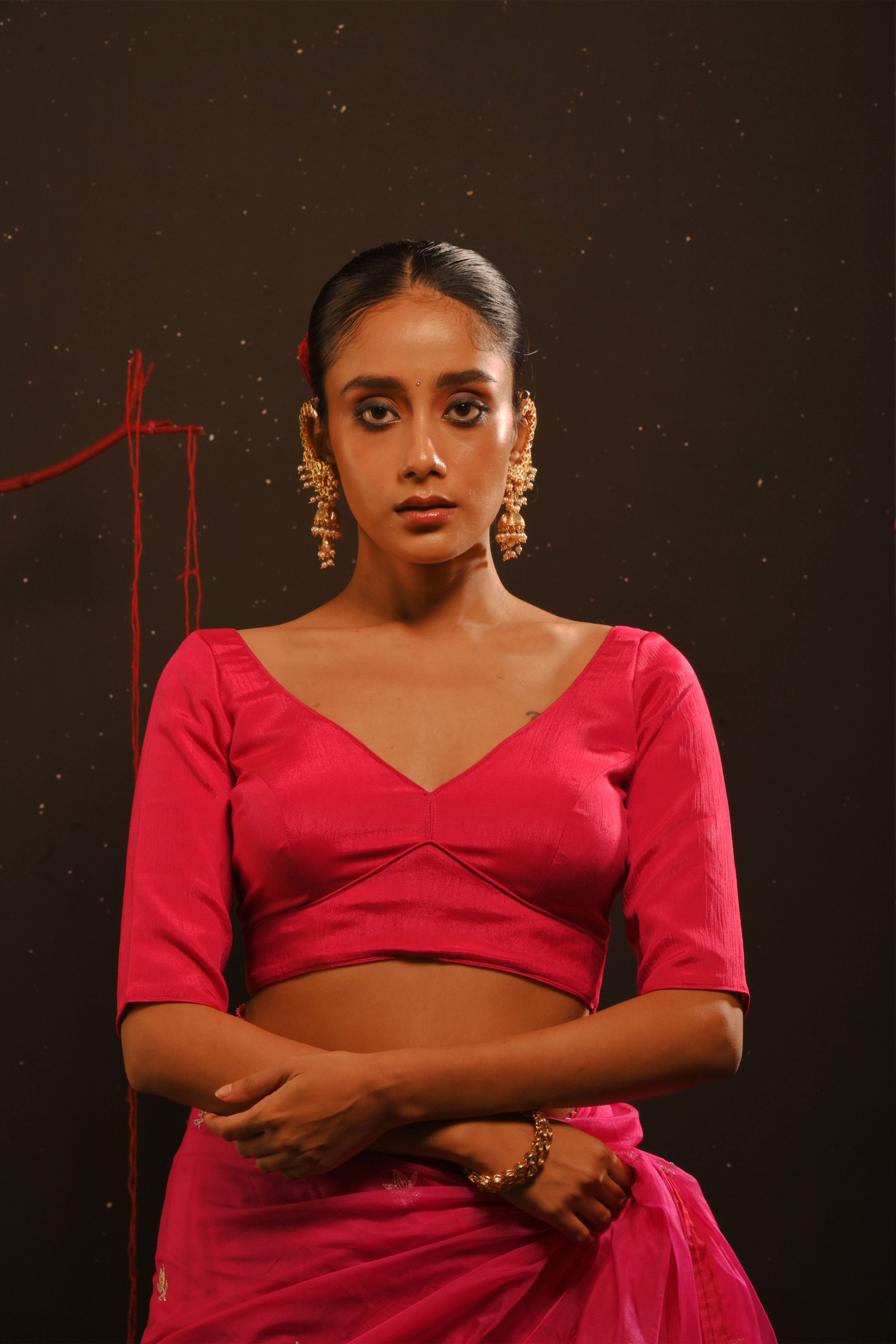 Gulmira I Fuchsia pink organza saree paired with pink chinon blouse and Tissue jacket