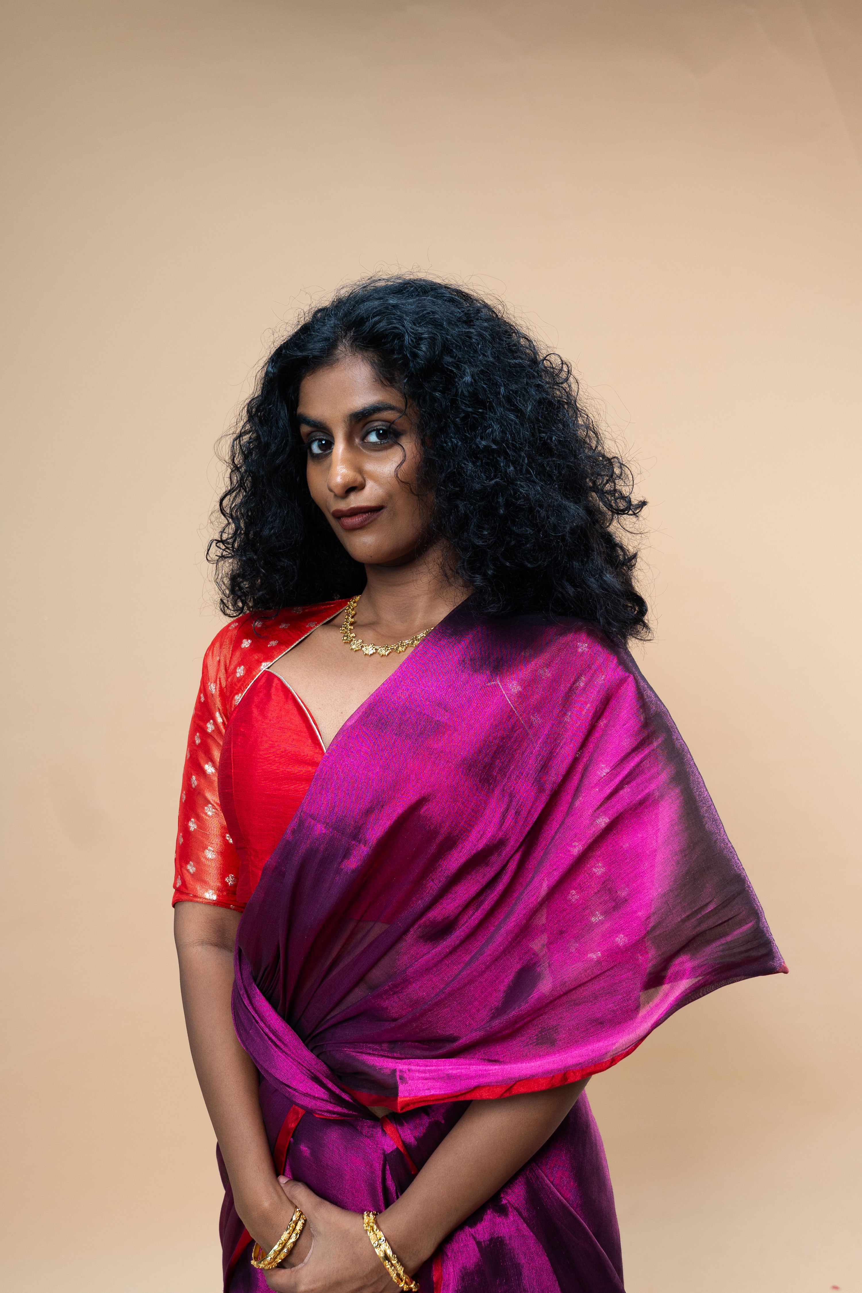 Yami I Red brocade silk blouse with sweetheart neck
