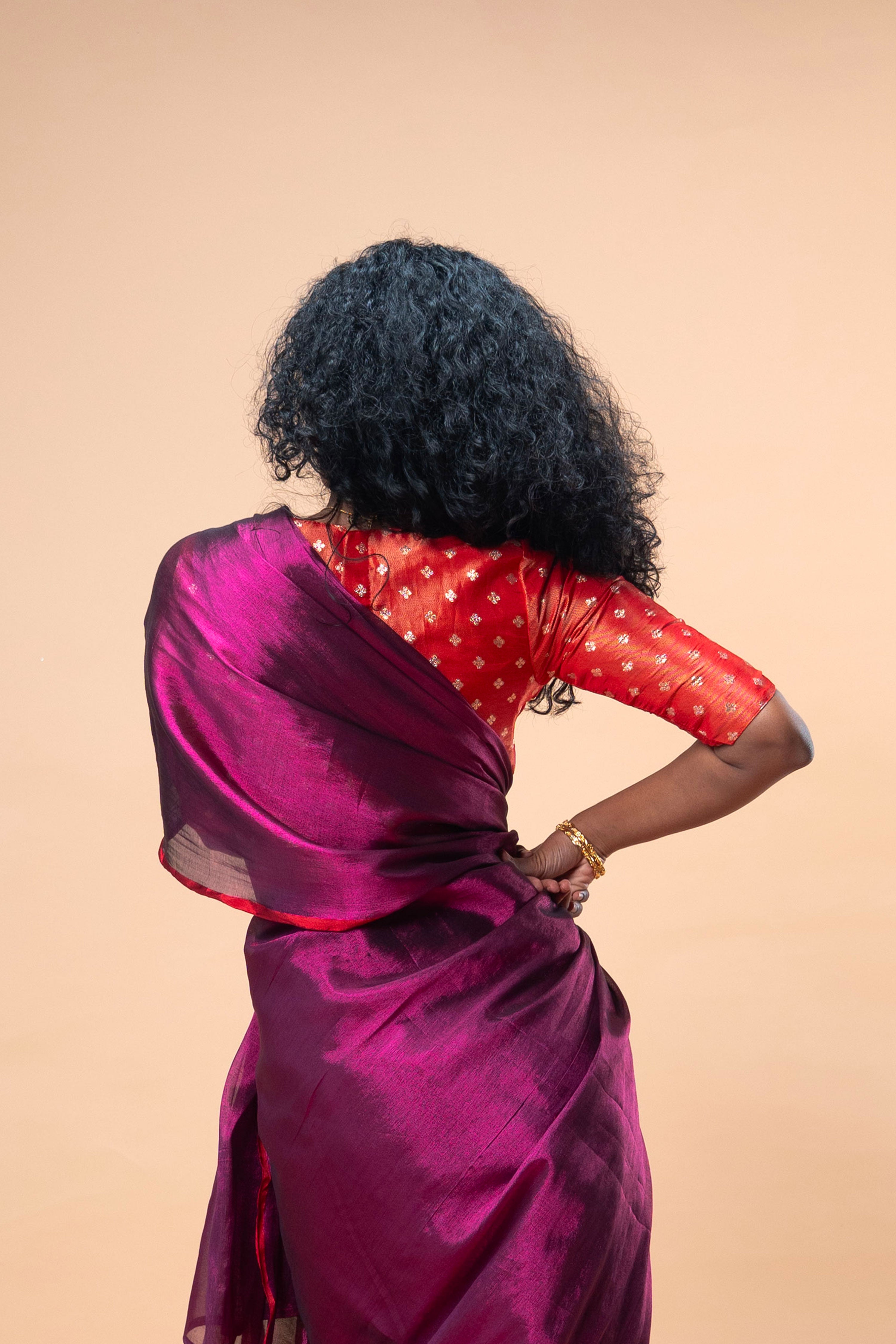 Yami I Red brocade silk blouse with sweetheart neck