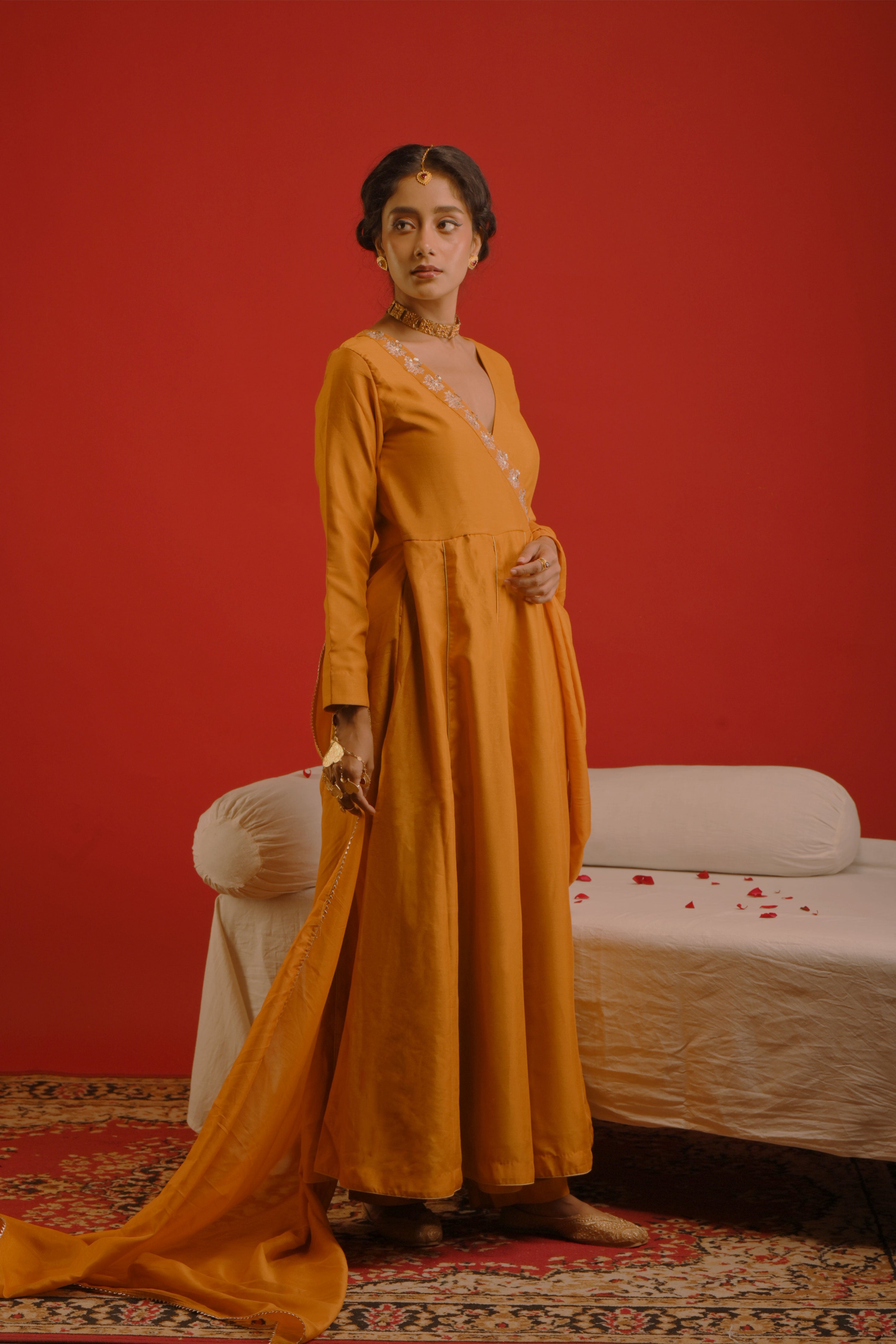 Malvika I Mustard chinon hand embroidered kurta pant set with dupatta