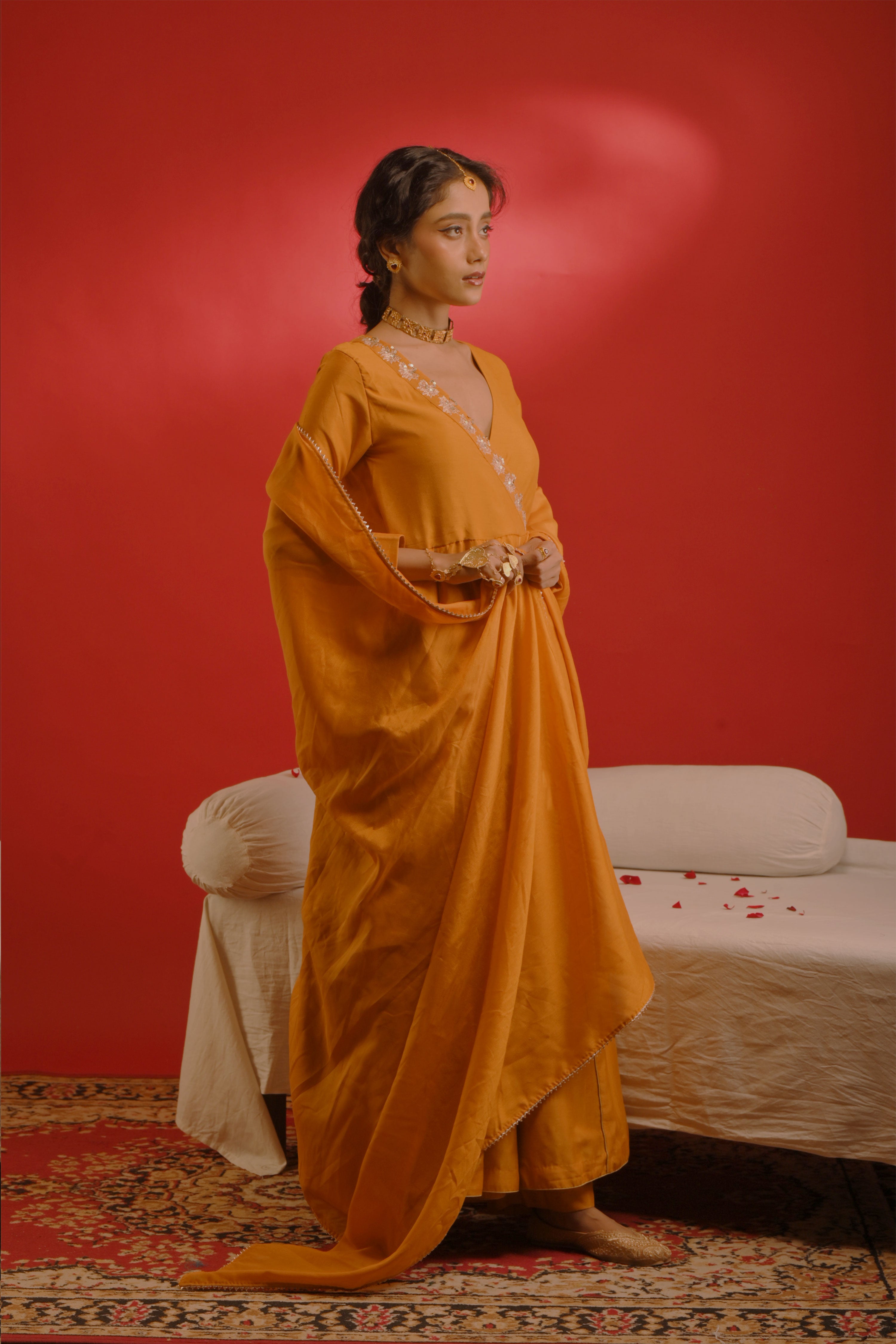 Malvika I Mustard chinon hand embroidered kurta pant set with dupatta