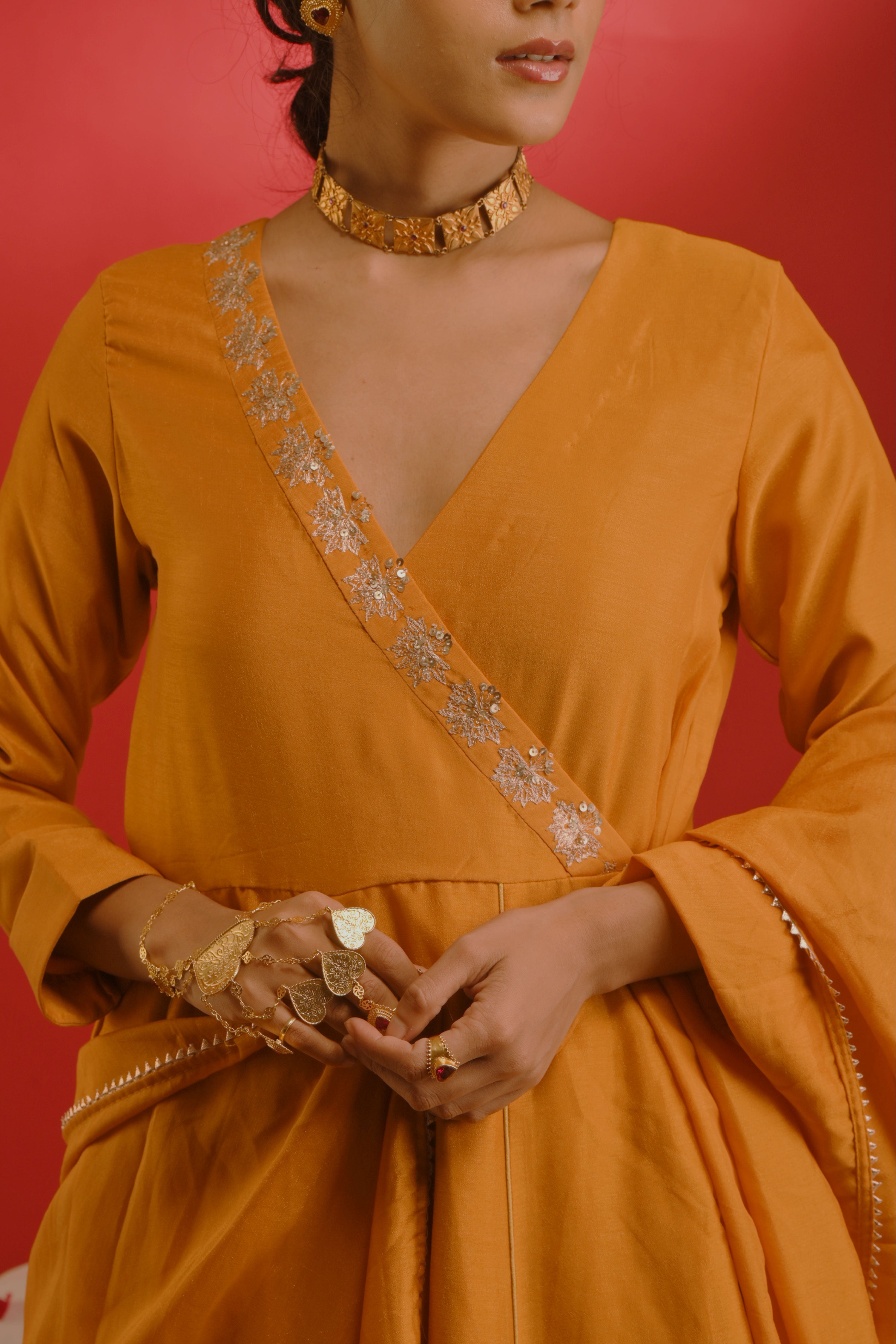 Malvika I Mustard chinon hand embroidered kurta pant set with dupatta